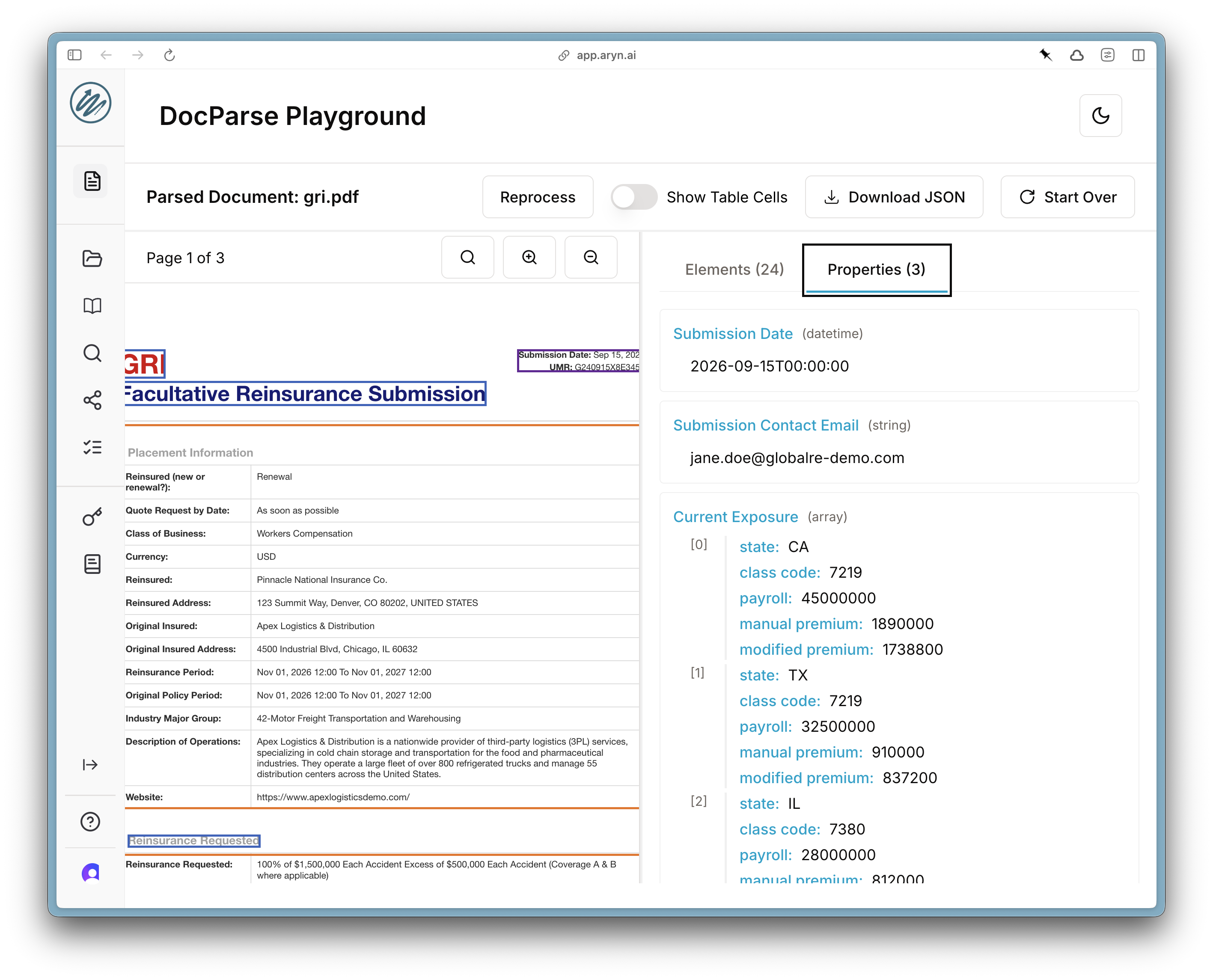 Reviewing a document in the DocParse UI