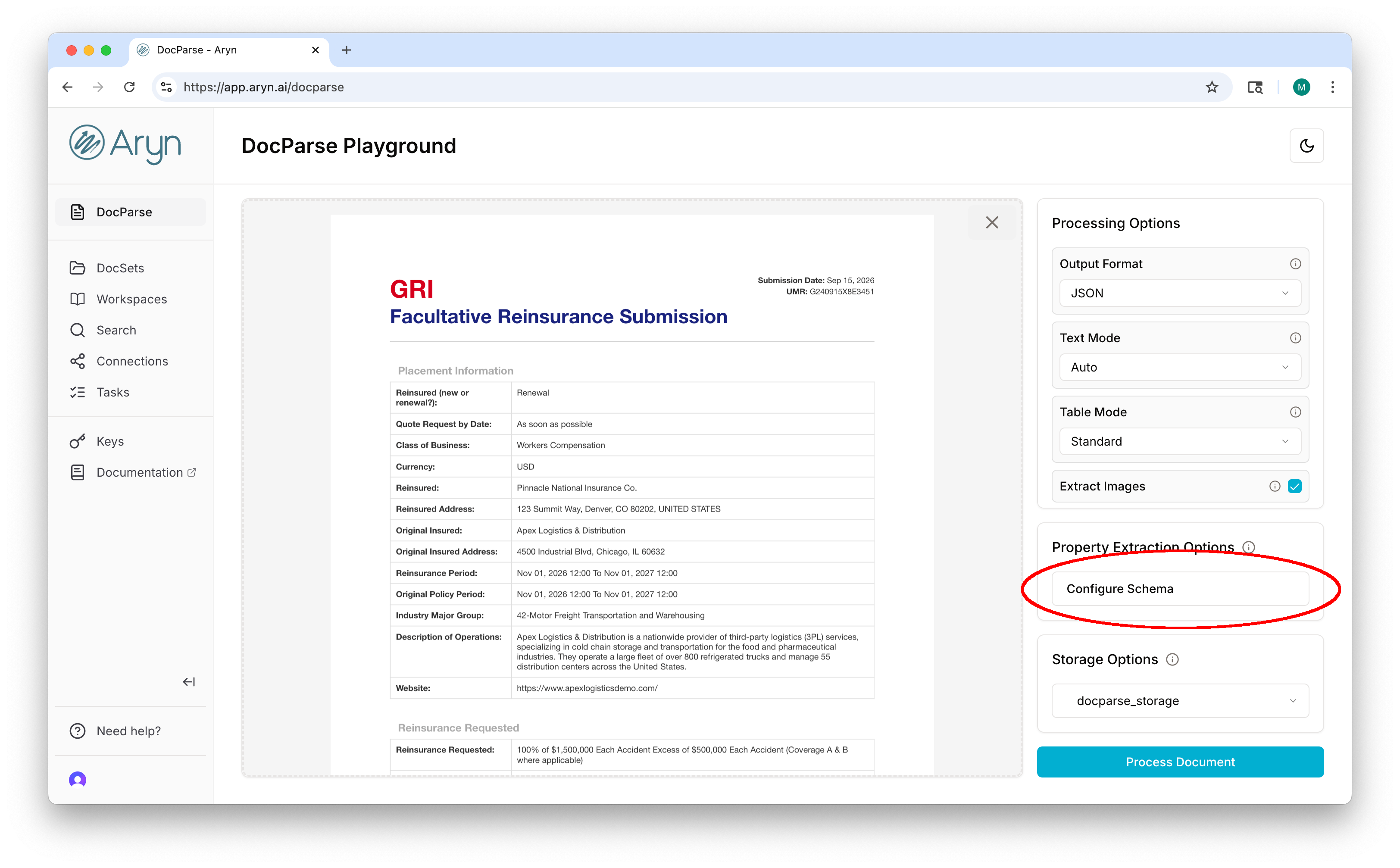Property Extraction Options in the DocParse UI