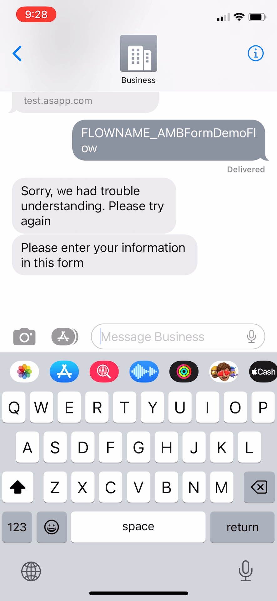 Entering and reviewing fields from a Form Message in Apple Messages for Business.