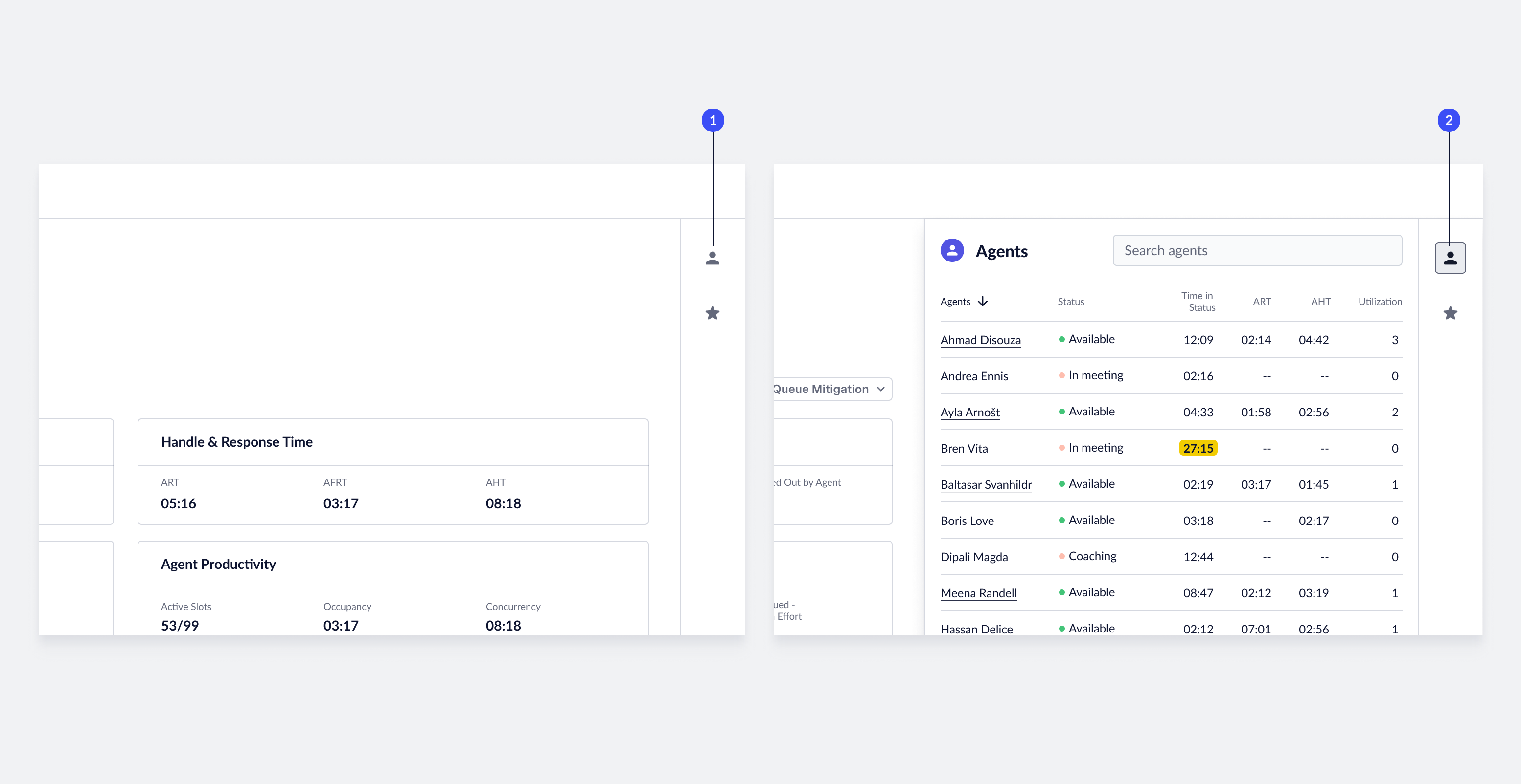 Screenshot showing how to access agent performance data in Live Insights