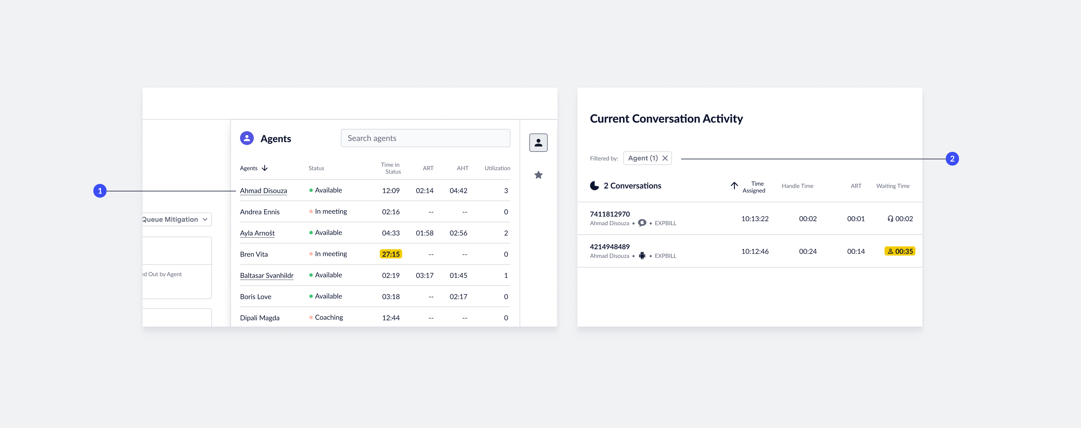 Screenshot of agent conversations and filter in Live Insights