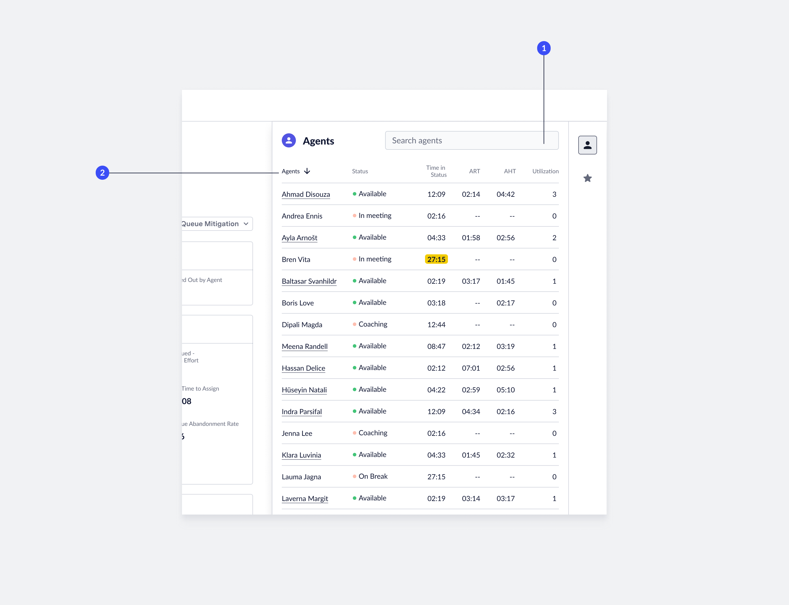 Screenshot of agent search and sort functionality in Live Insights