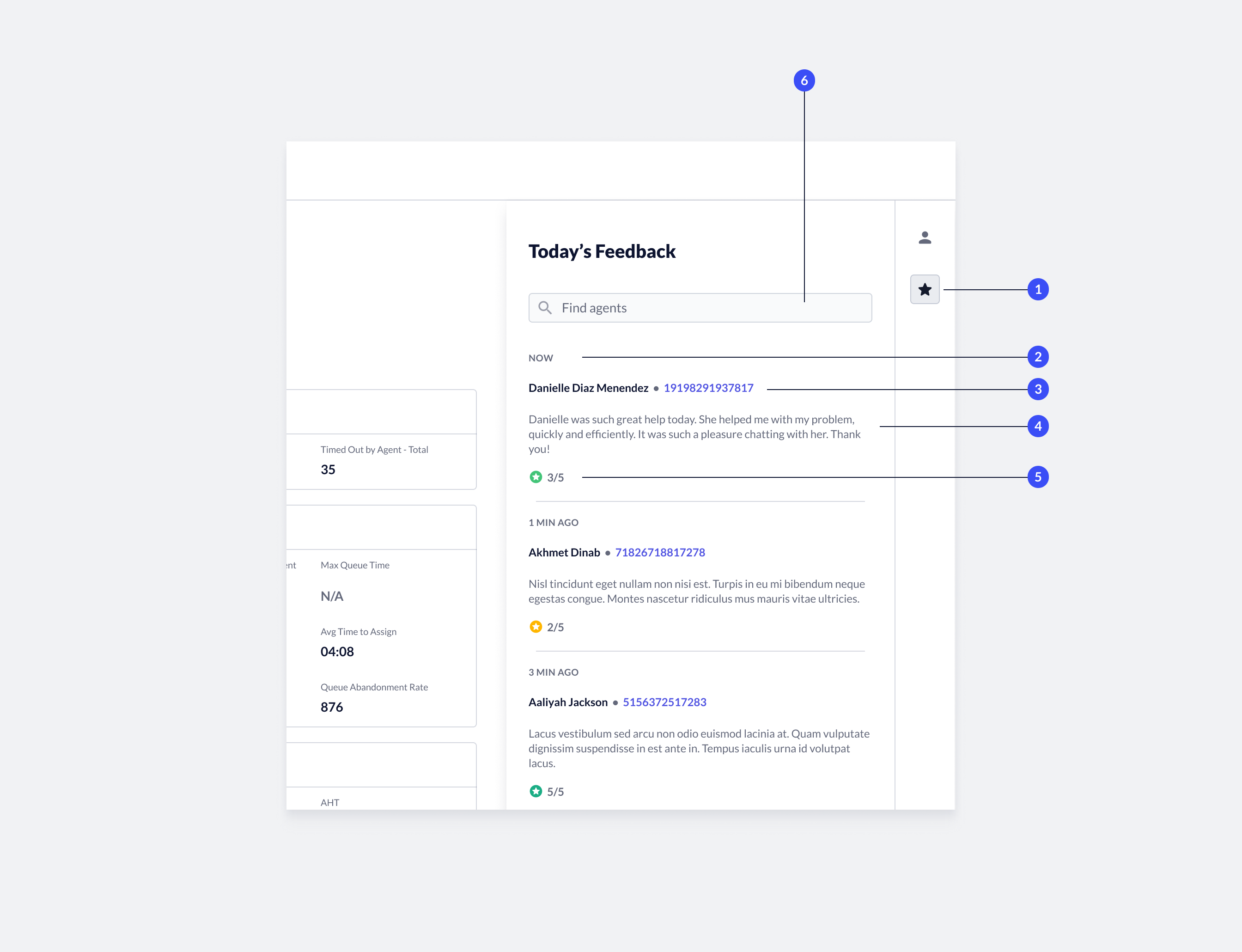 Customer feedback panel showing feedback entries with timestamps, agent names, issue IDs, and CSAT scores