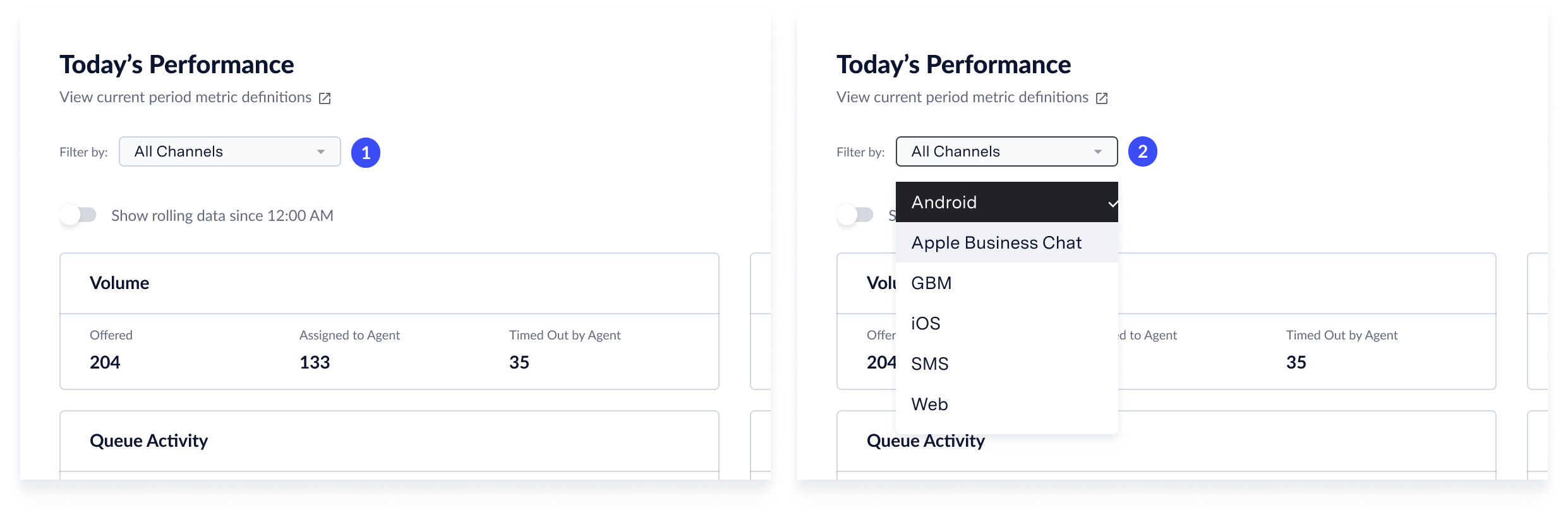 Screenshot of performance filter options in Live Insights