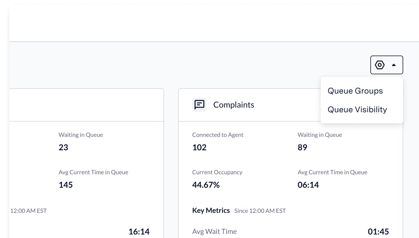 Live Insights customization options showing Customize button with queue visibility and queue groups options