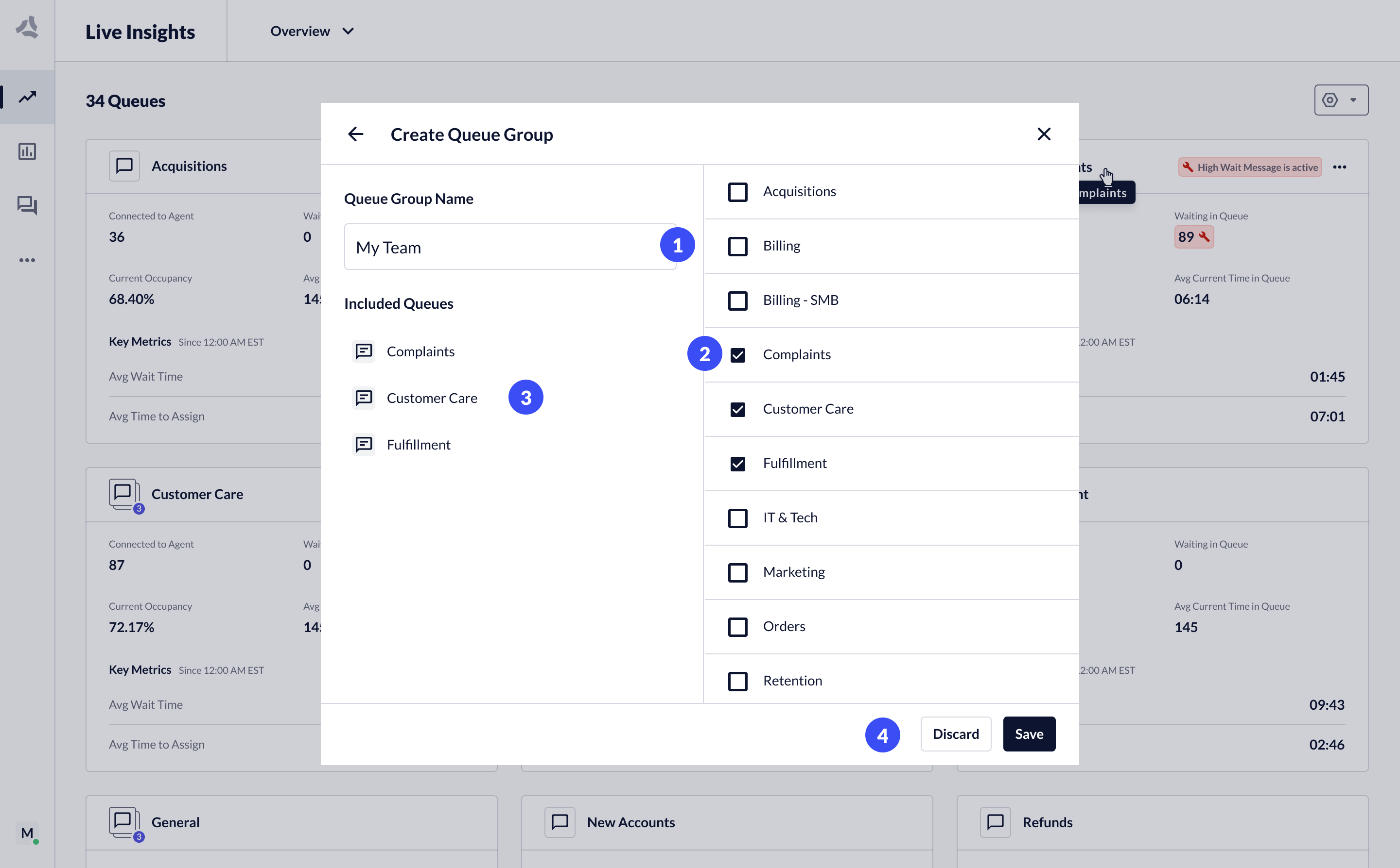 Queue group editing interface showing group name field, available queues list, selected queues, and apply/cancel buttons