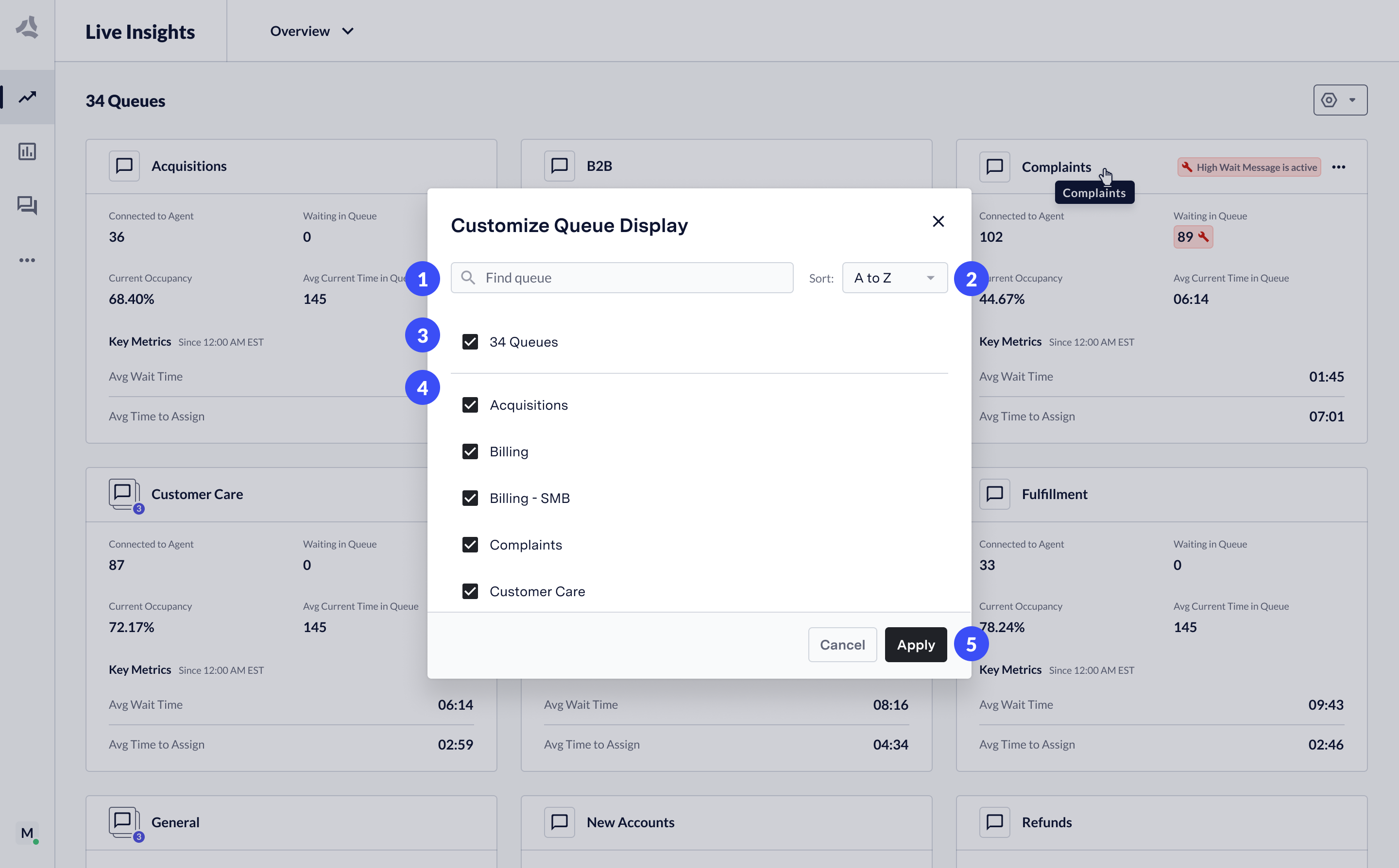Queue visibility customization interface with search field, sort options, bulk selection, and individual queue selection controls