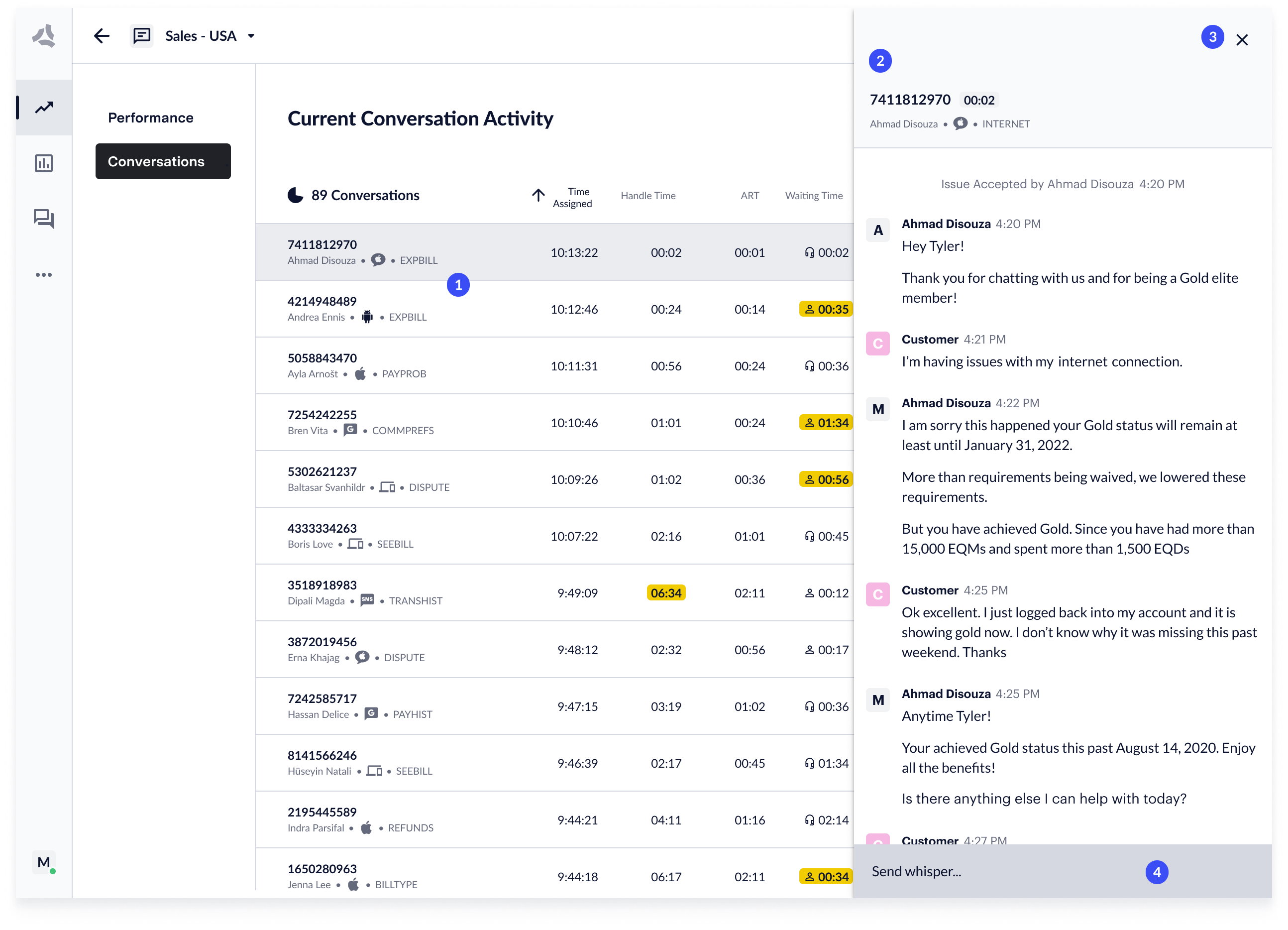 Screenshot of viewing a live transcript in Live Insights