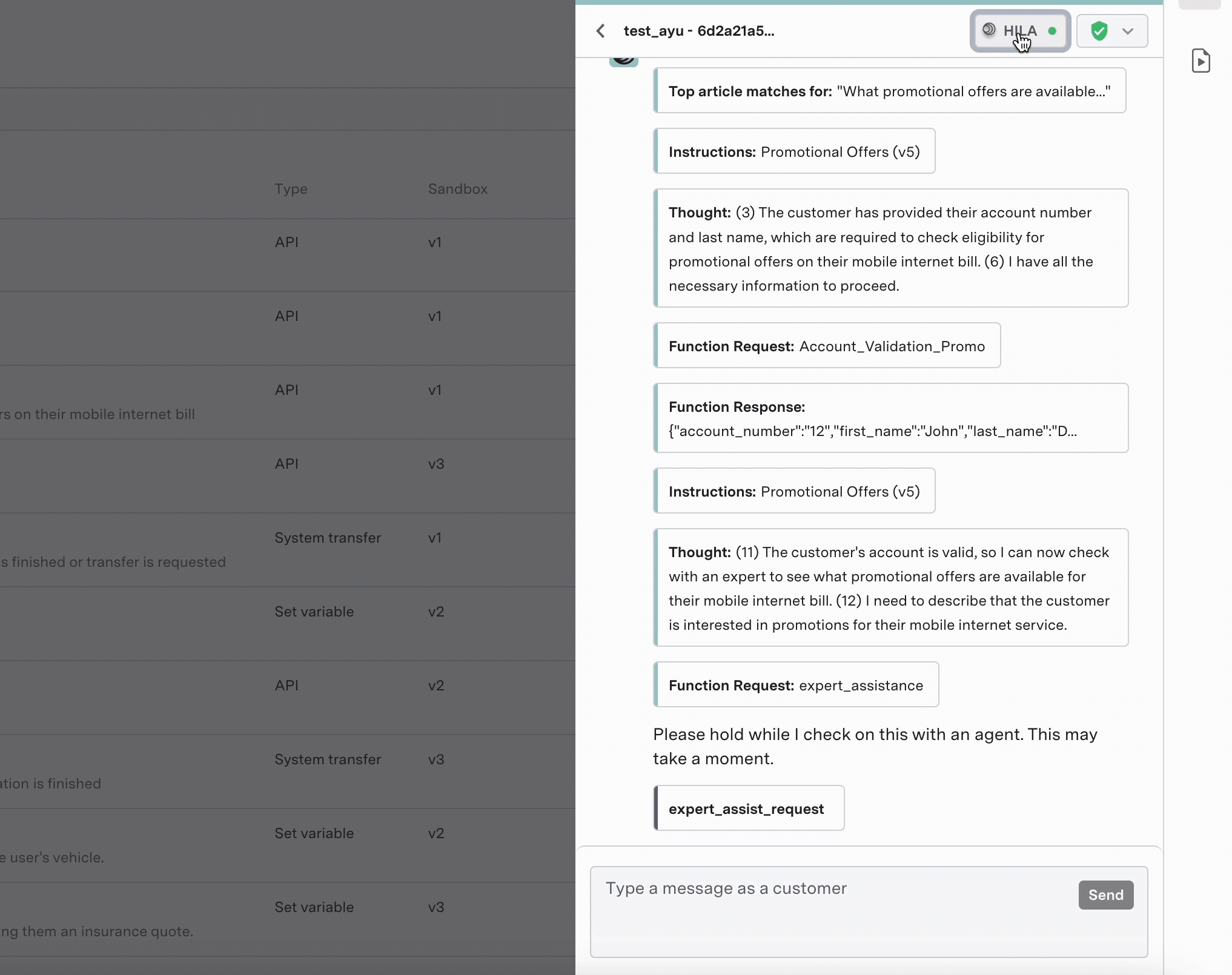 HILA panel in AI Console Previewer, showing agent interaction