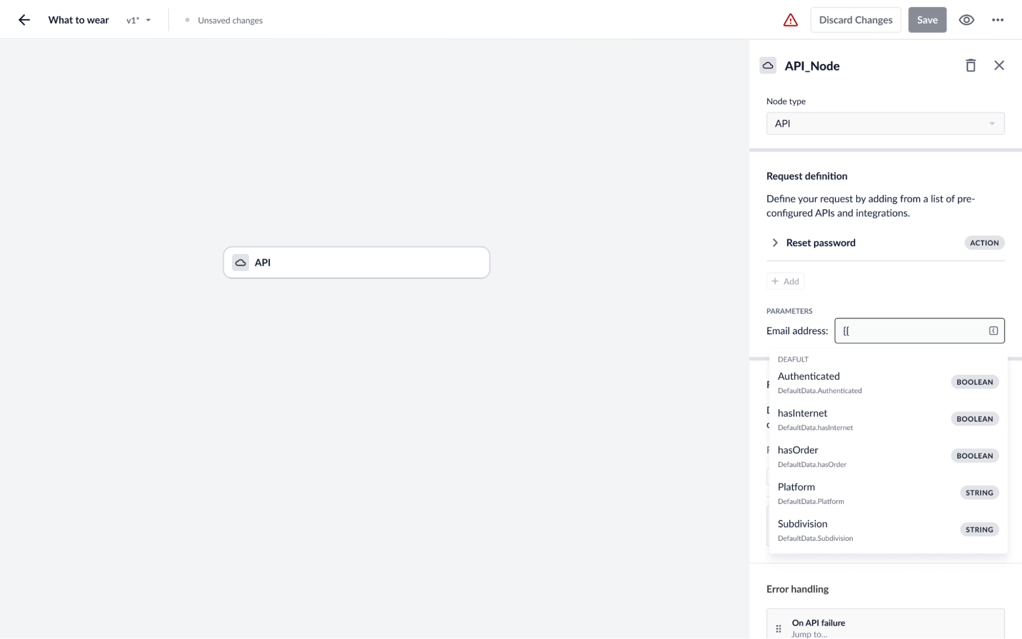 Input parameters configuration showing curly bracket field for API value selection