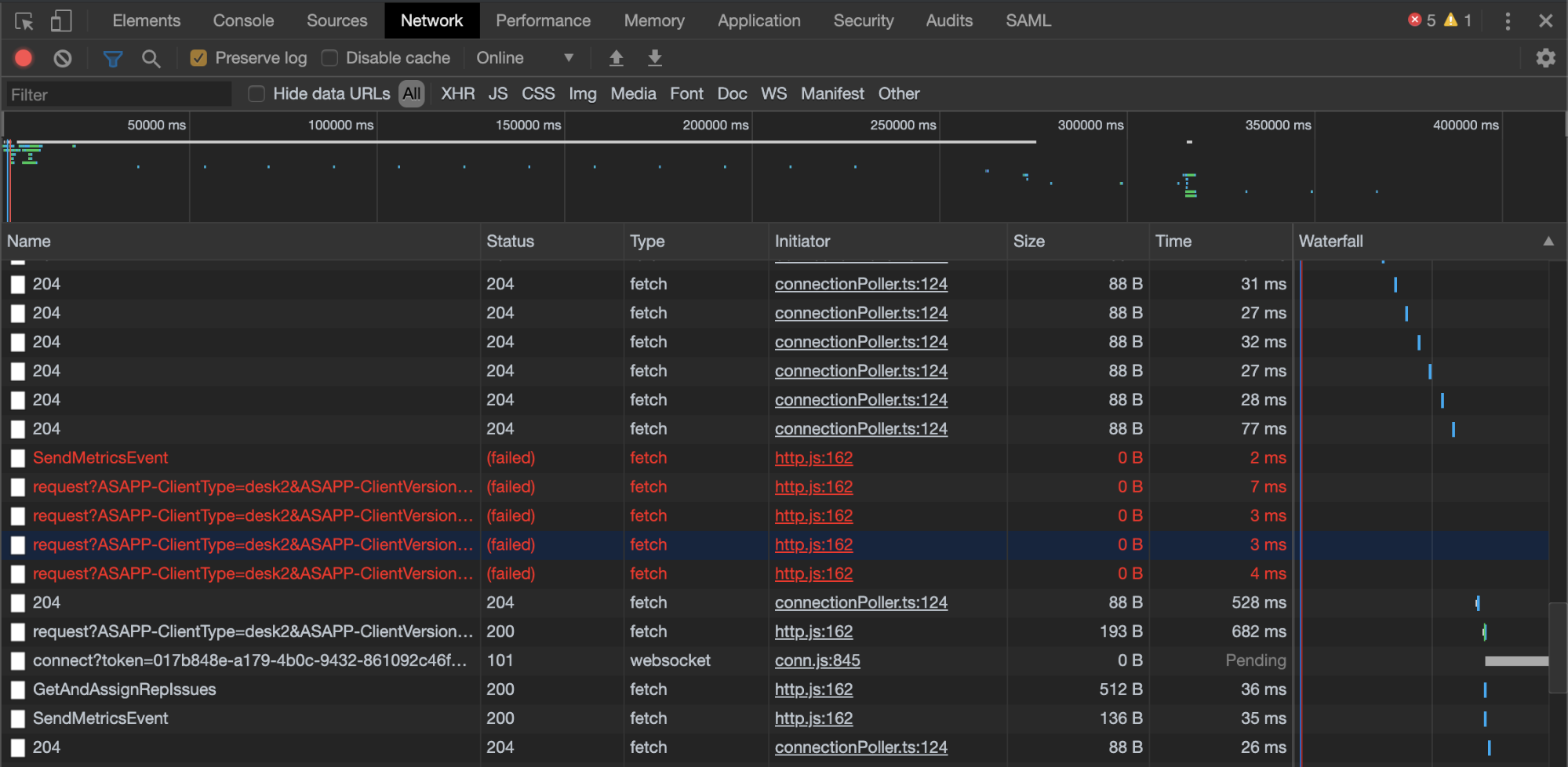 WebSocket reconnection attempts showing 'Attempting to reconnect' messages in red