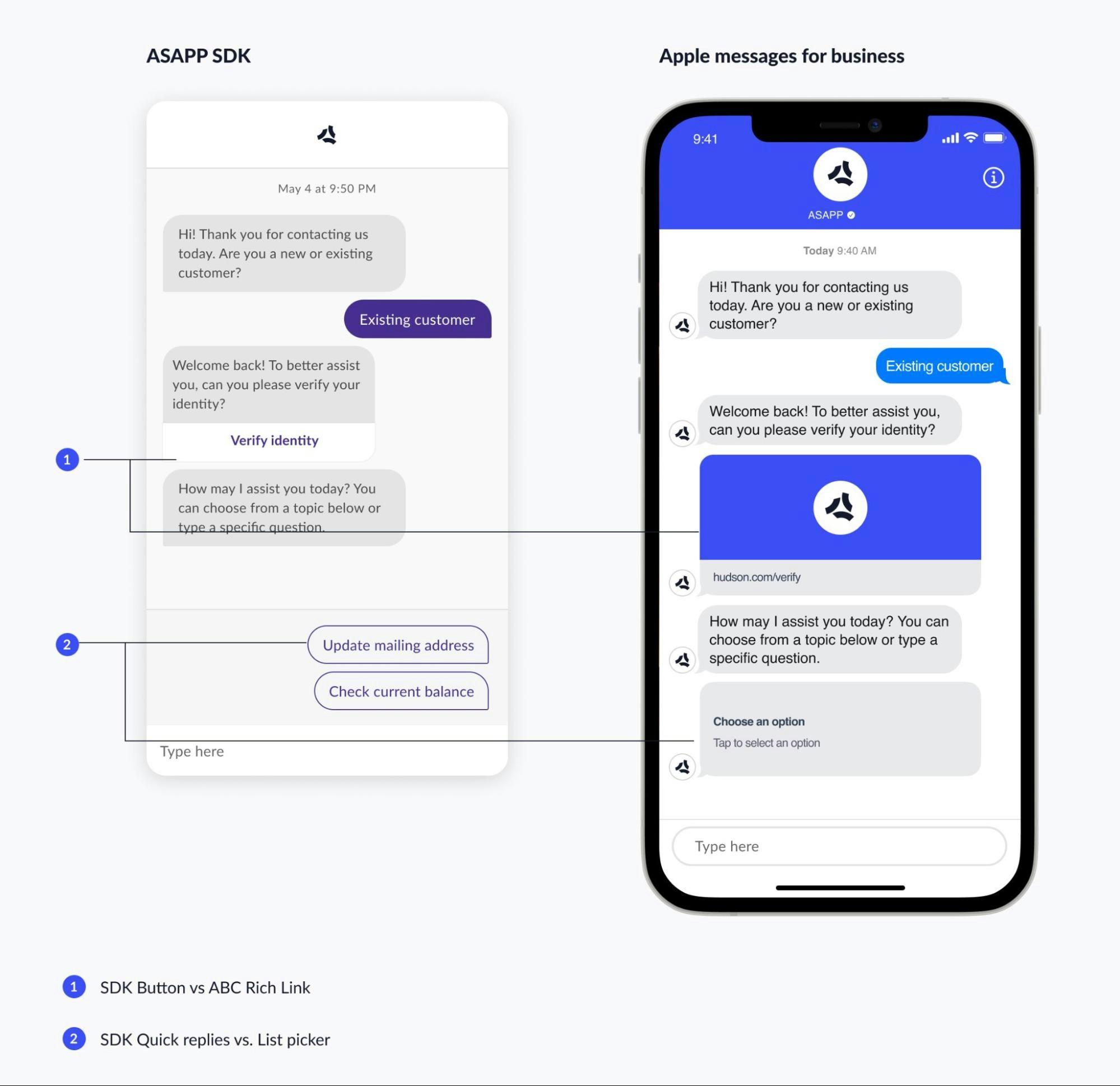 Screenshot comparing flow rendering in Apple Messages for Business vs ASAPP SDK