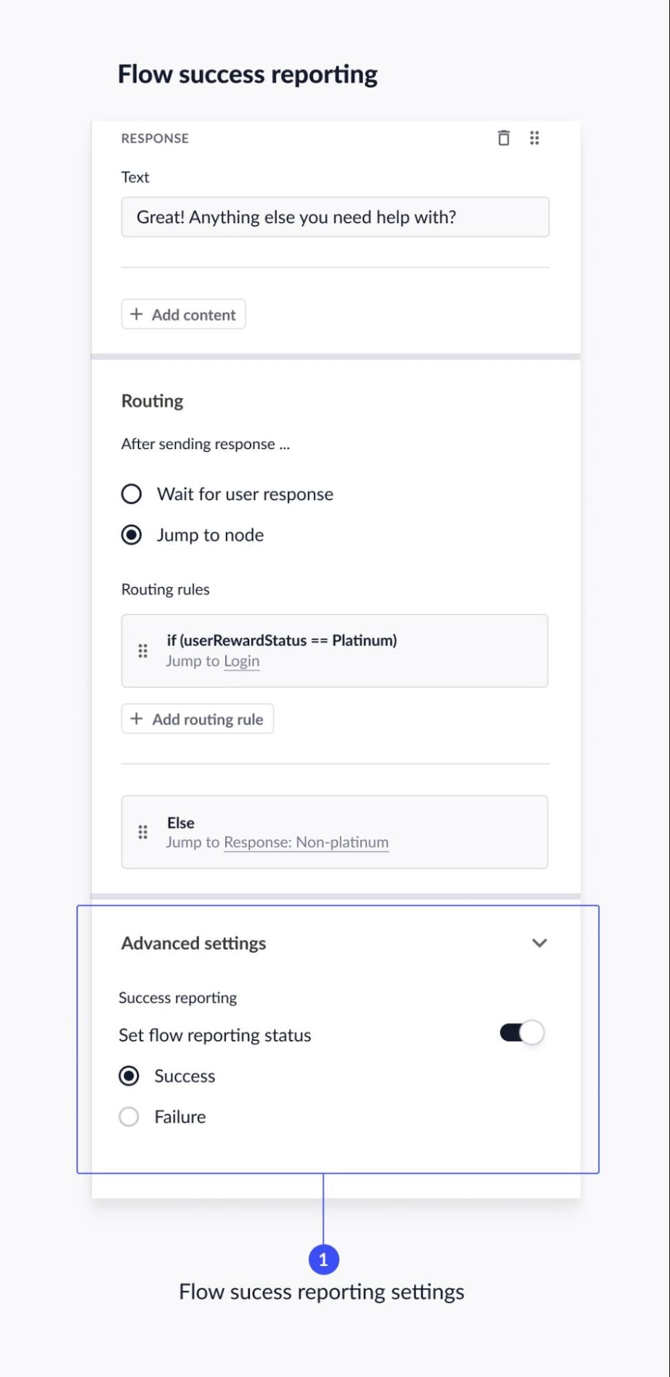 Screenshot of flow success configuration in virtual agent tooling