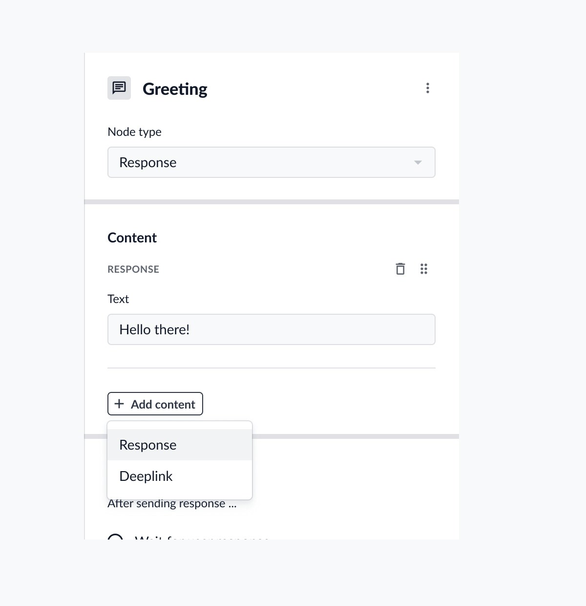 Content section showing response text and deeplink configuration options