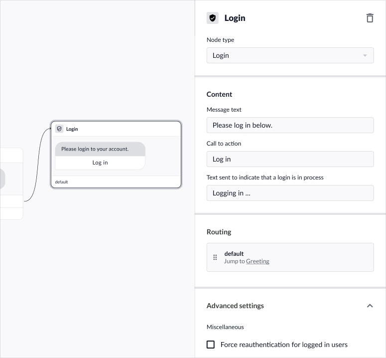 Login node configuration showing content, routing, and advanced settings sections