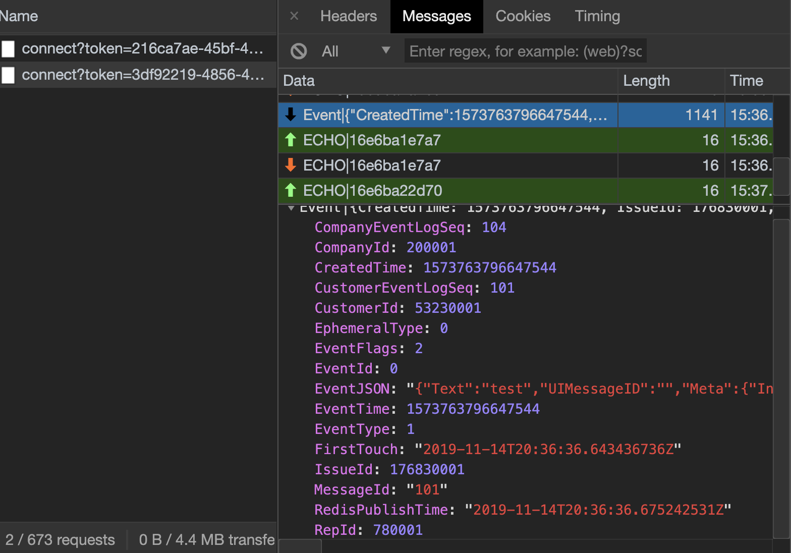 WebSocket echo messages showing connection health monitoring