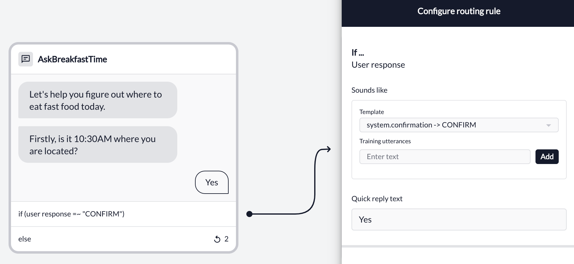 Quick reply configuration showing tapable options for different response branches