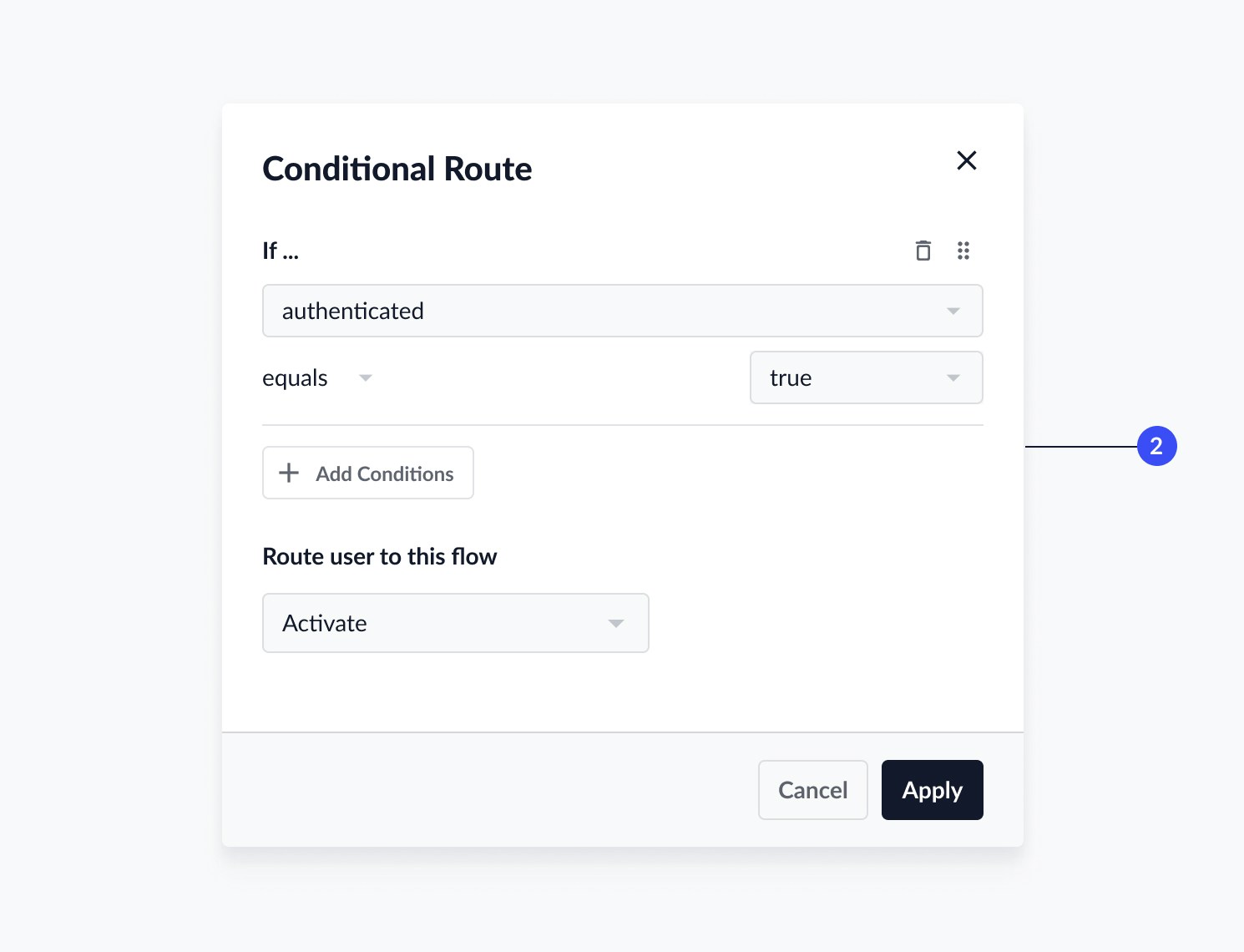 Conditional route editor showing attribute selection dropdown and flow routing options