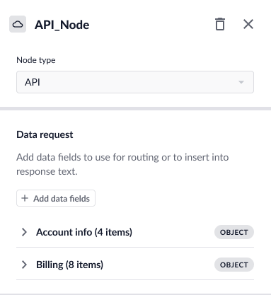 API node data request section showing add data fields option