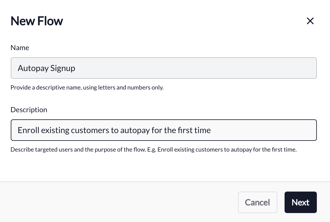 Create flow dialog showing name and description input fields