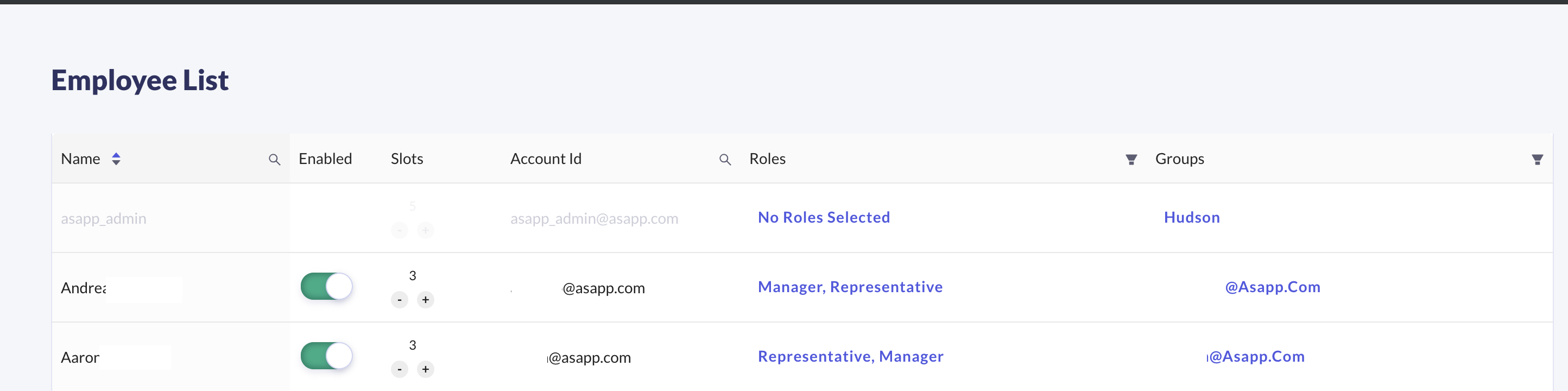 ASAPP Admin Employee List showing user details, enabled status, roles, and groups