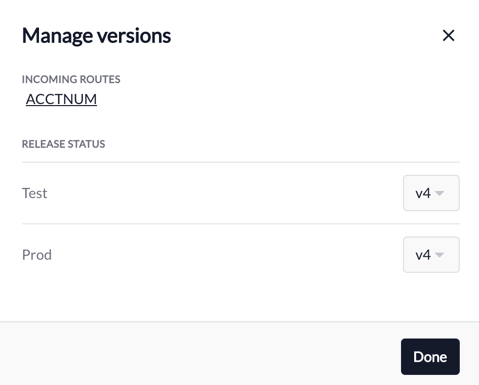 Manage versions interface showing test and production deployment status