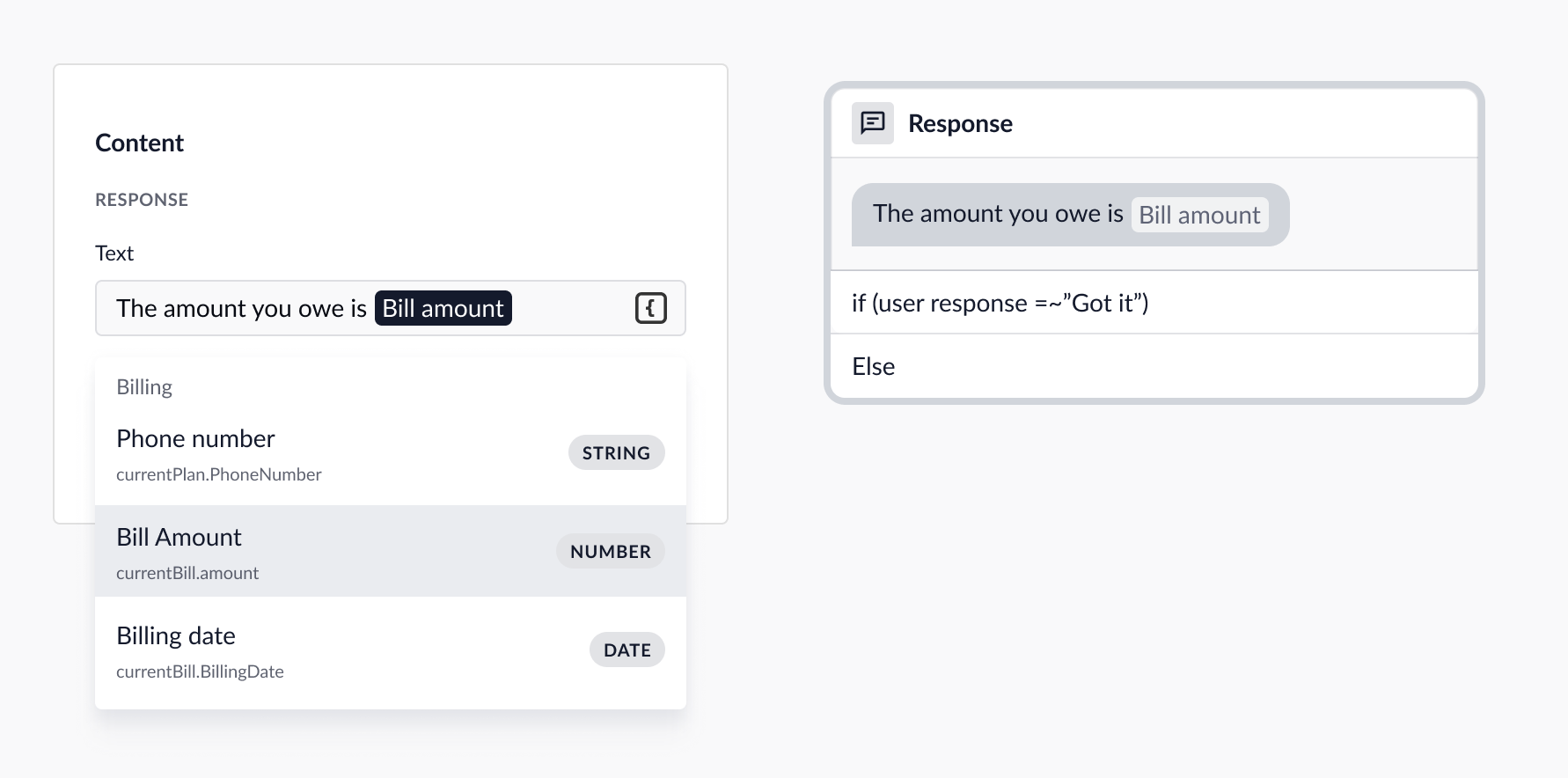 Response node content section showing curly bracket icon for API field selection