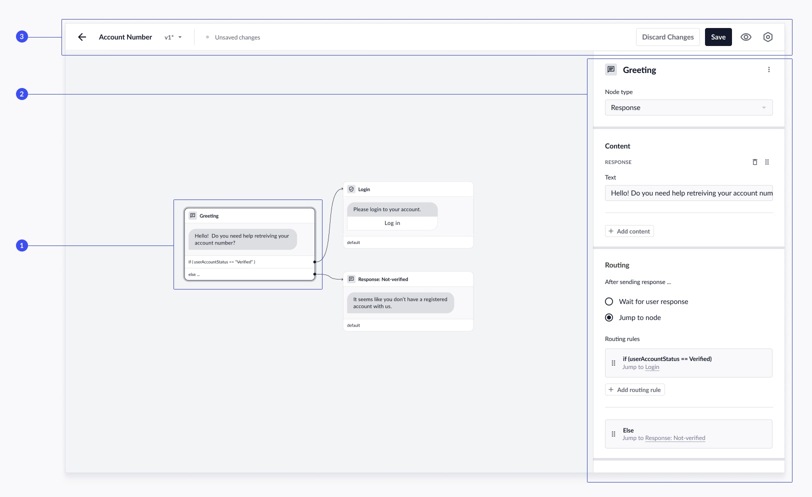 Flow builder interface showing flow graph, node configuration panel, and toolbar