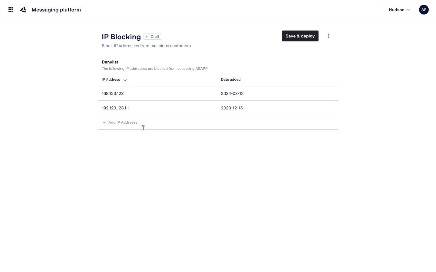 AI Console IP blocking interface showing denylist with save and deploy options