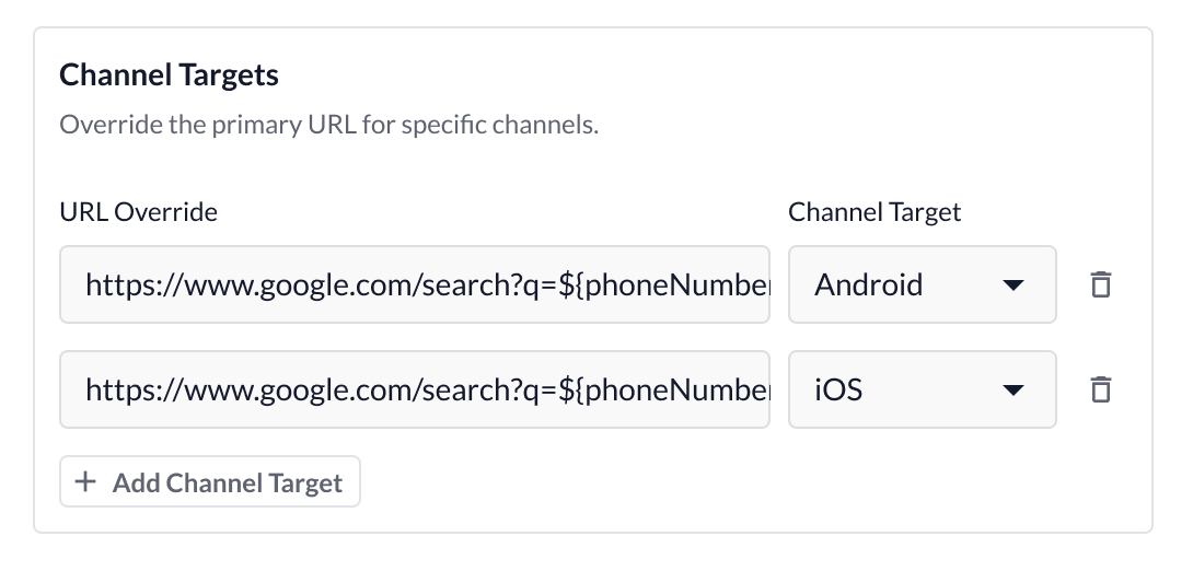 Channel target variant configuration showing URL override and channel target dropdown with delete option