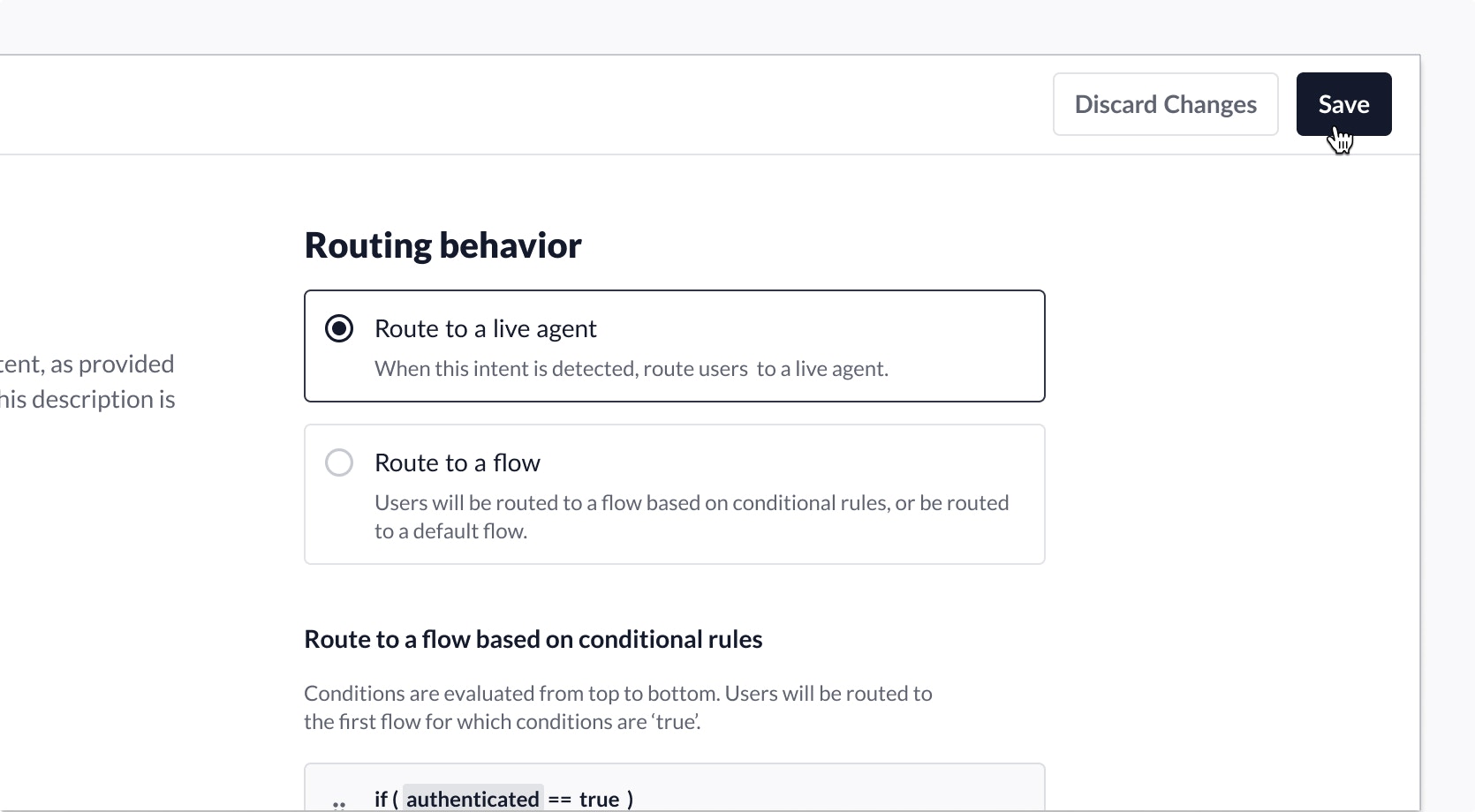 Intent routing toolbar showing Discard changes and Save buttons