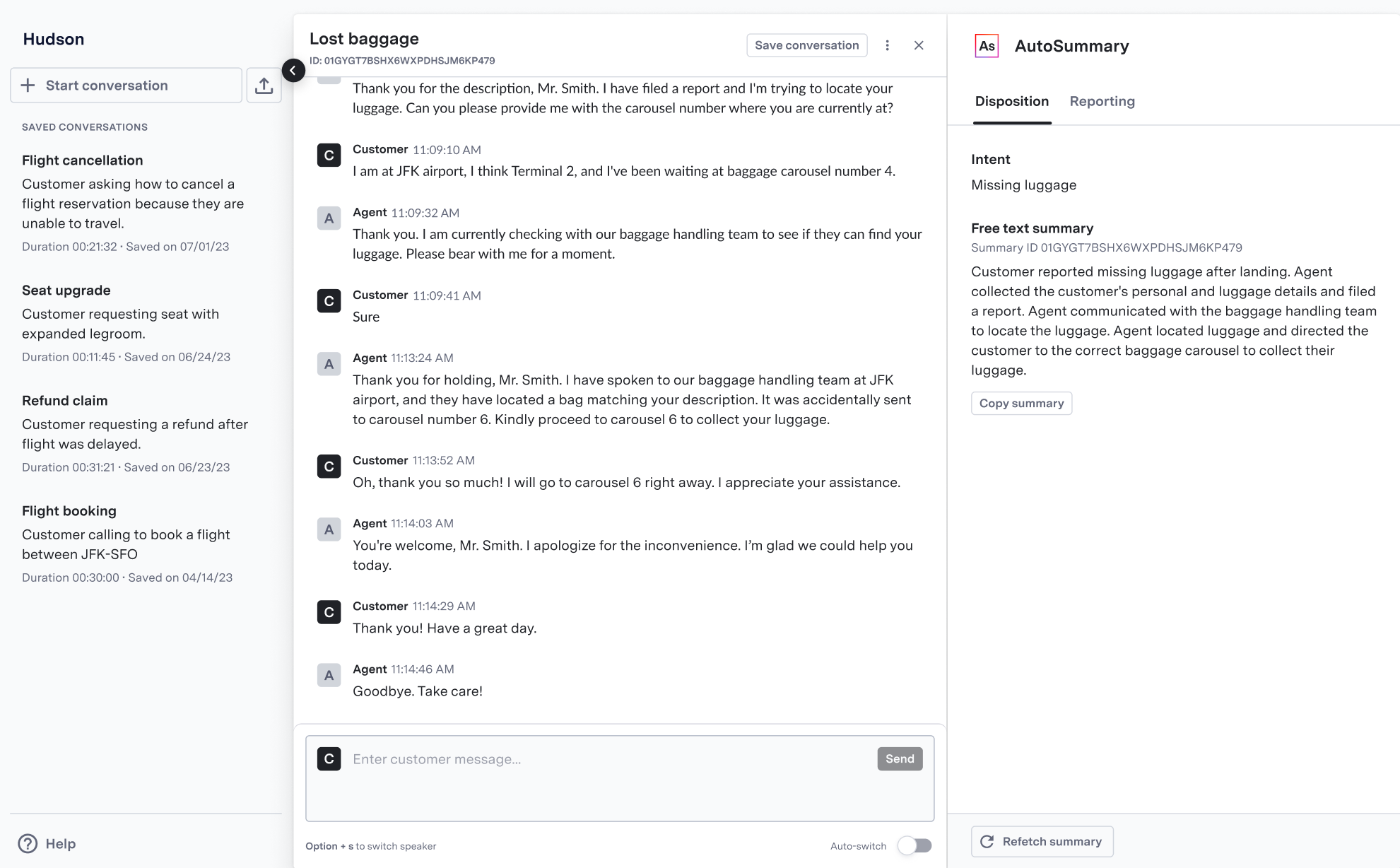 AutoSummary Sandbox showing intent and free-text summary generation