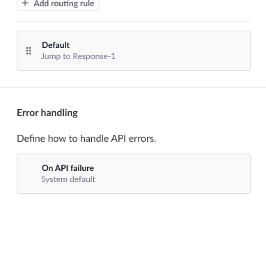 API node error handling configuration showing custom error routing options