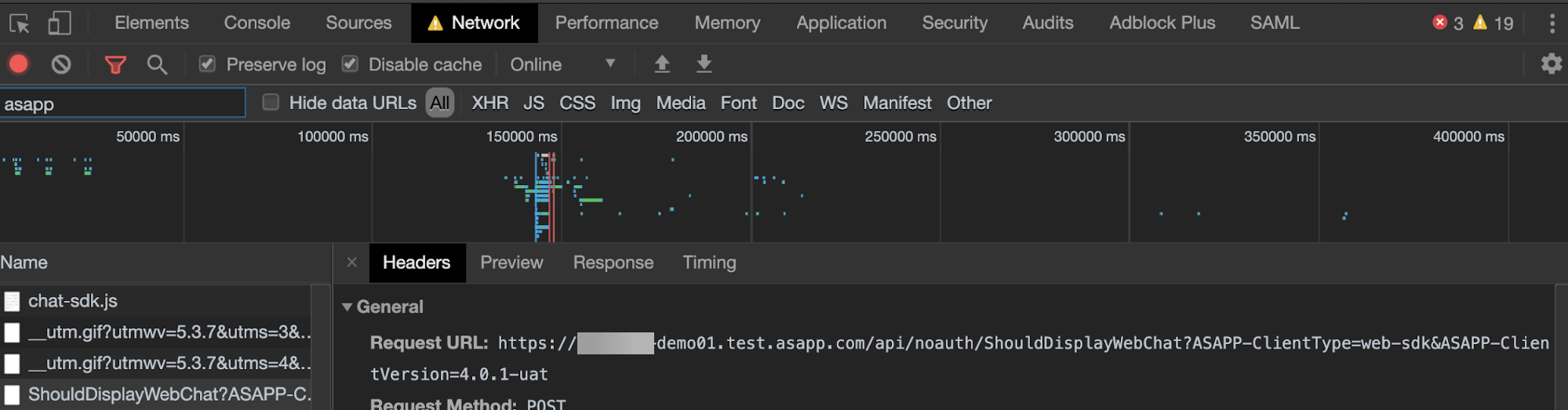 Network traffic showing ASAPP hostname for environment targeting