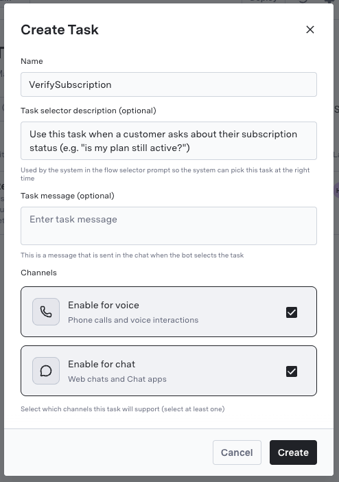GenerativeAgent Task creation interface