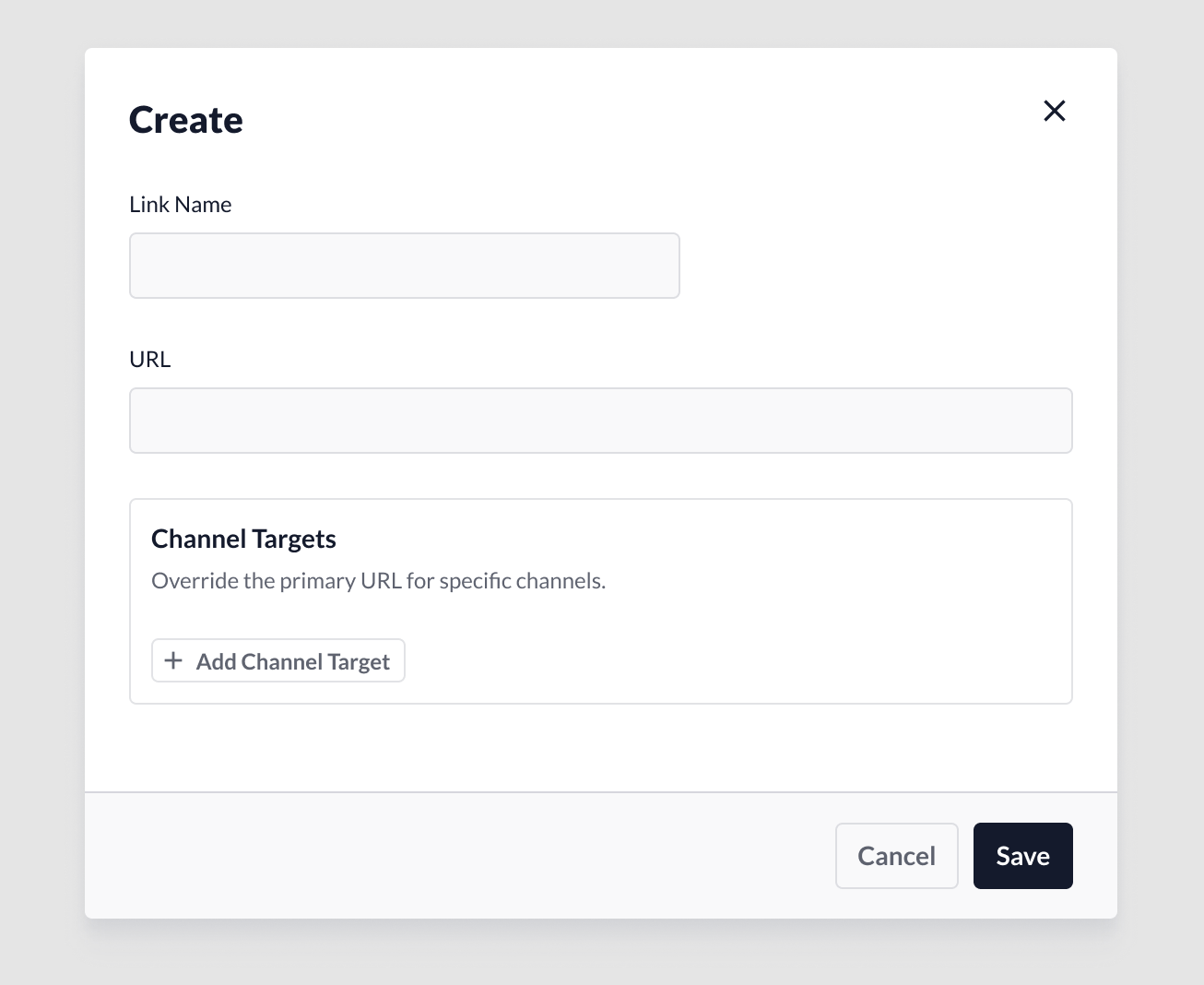 Create link modal window with fields for link name, URL, and channel targets