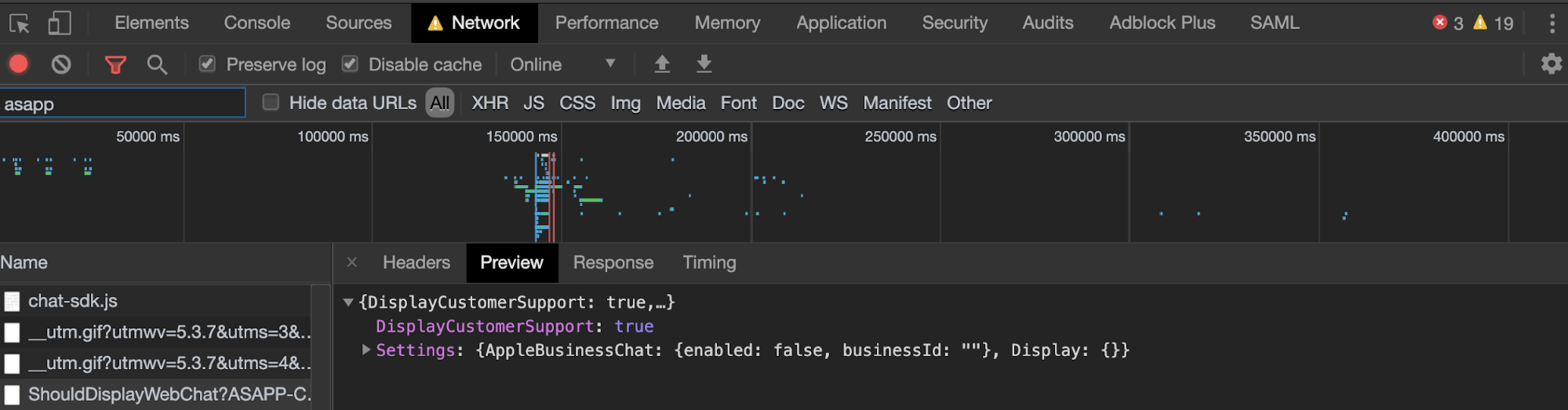 ShouldDisplayWebChat API response showing DisplayCustomerSupport field