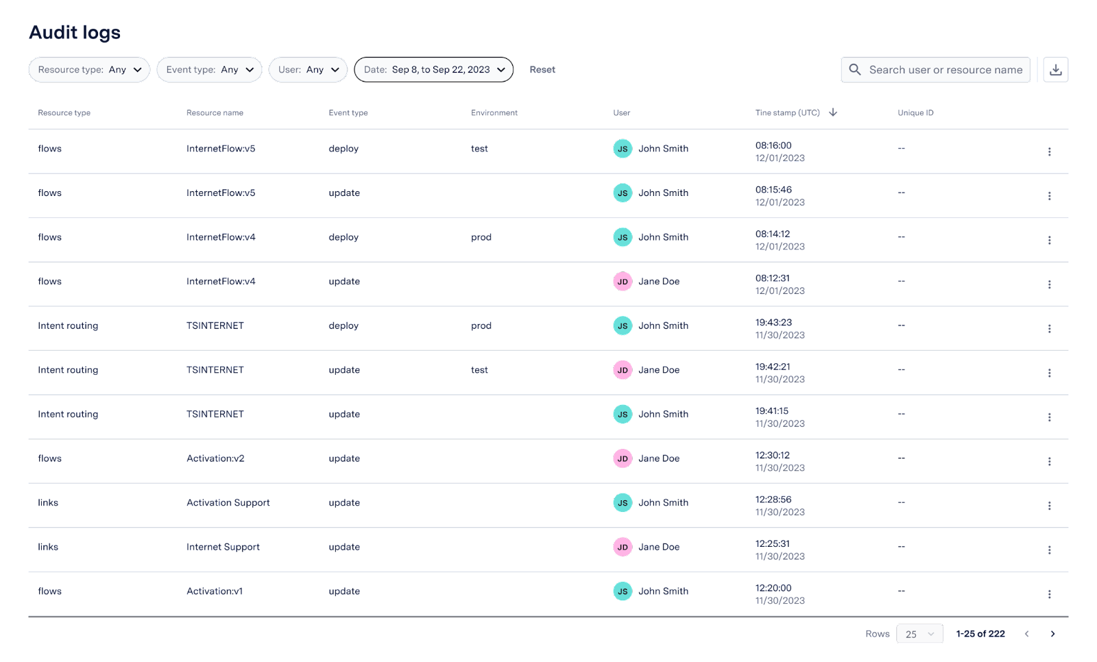 View of the audit logs landing page.