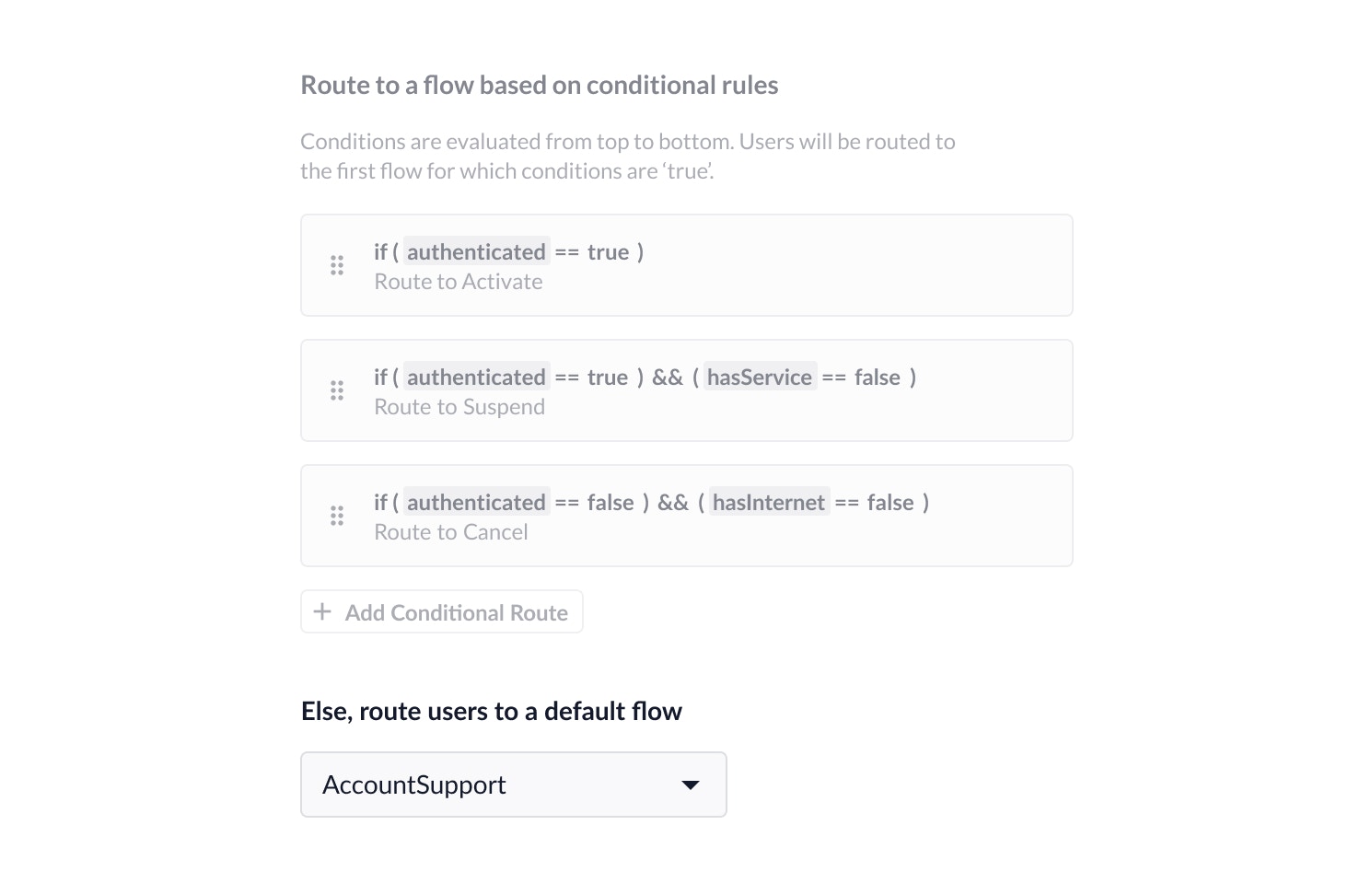 Default flow selection dropdown showing available flows to route to when no conditions are met