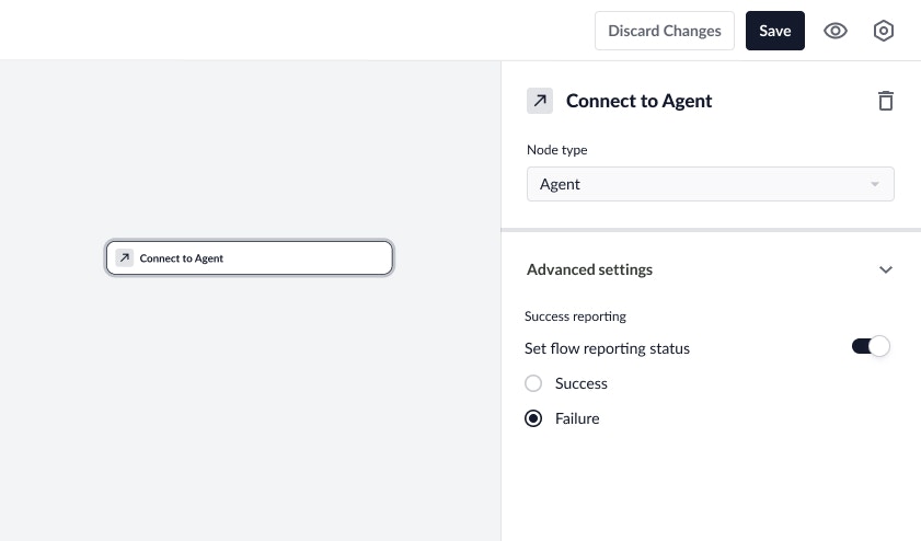 Agent node advanced settings showing flow success reporting with failure status selected
