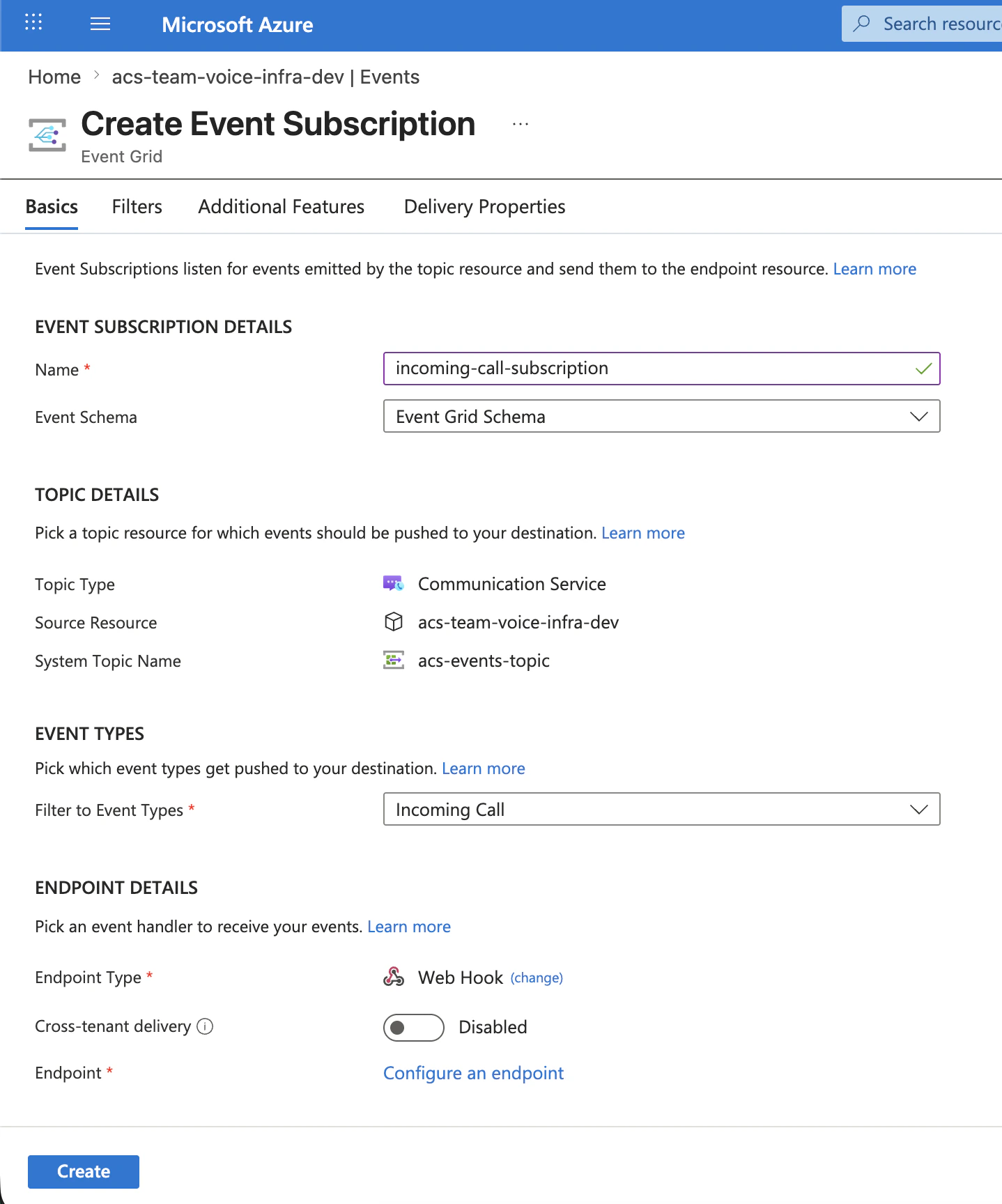Event Subscription creation form with the required fields filled out