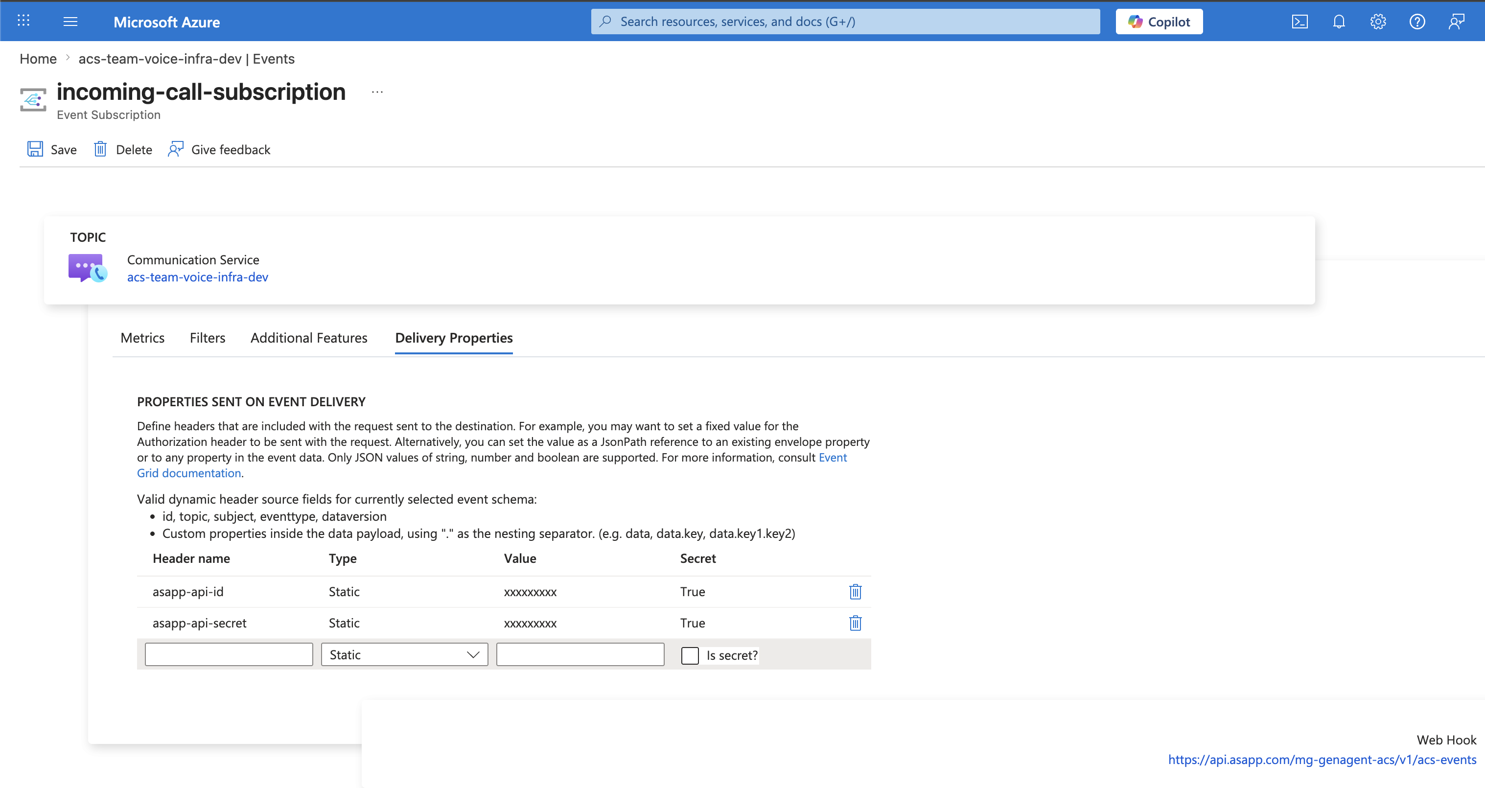 Delivery Properties tab showing asapp-api-id and asapp-api-secret headers configured as secrets