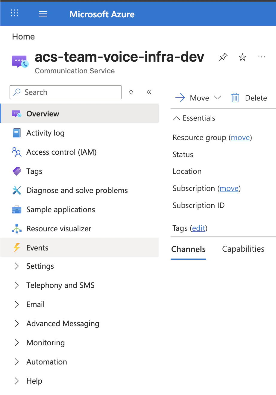 ACS resource with Events selected in the left navigation menu