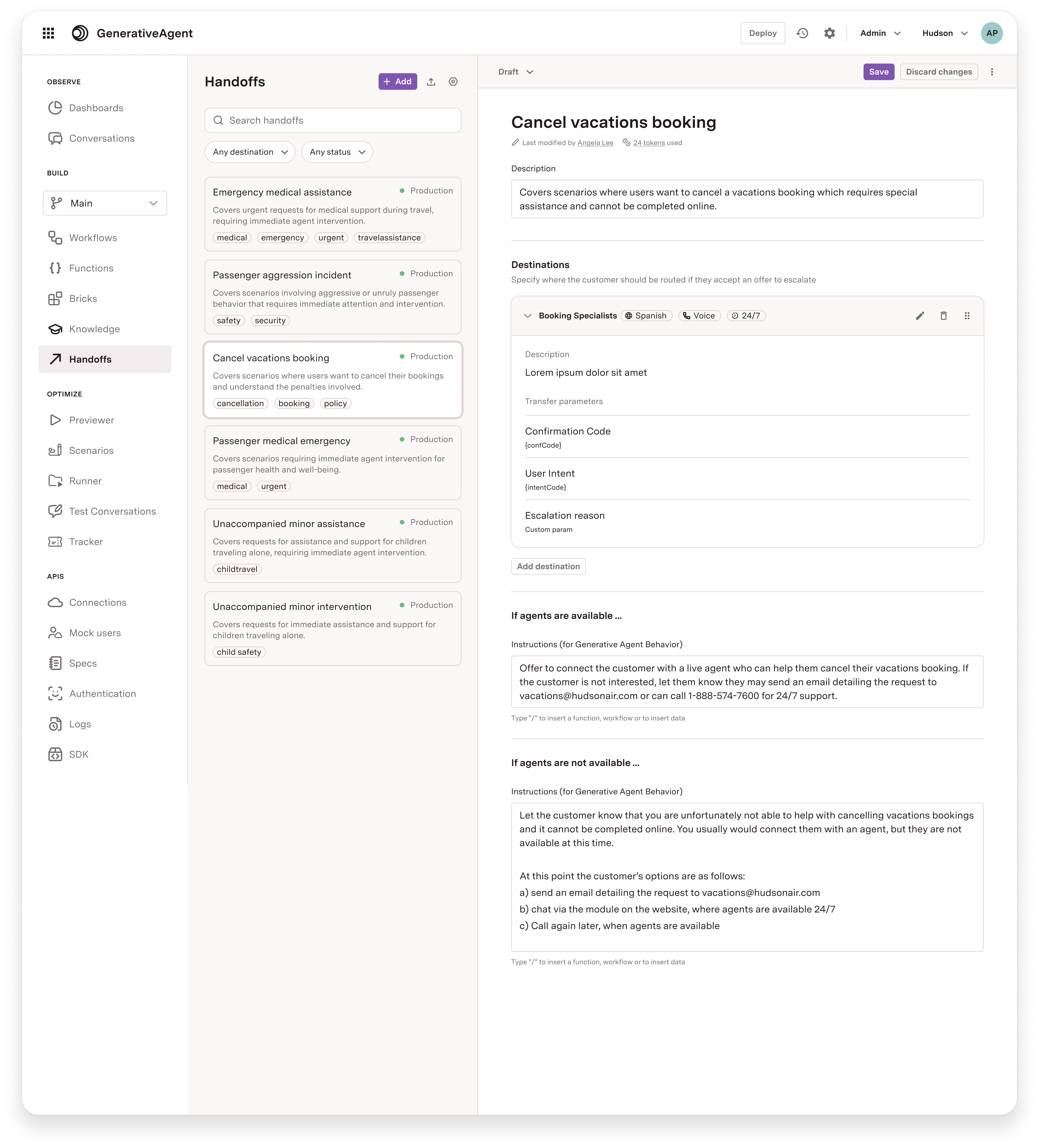 Handoff configuration showing destination JSON, agent available instructions, and agent unavailable instructions