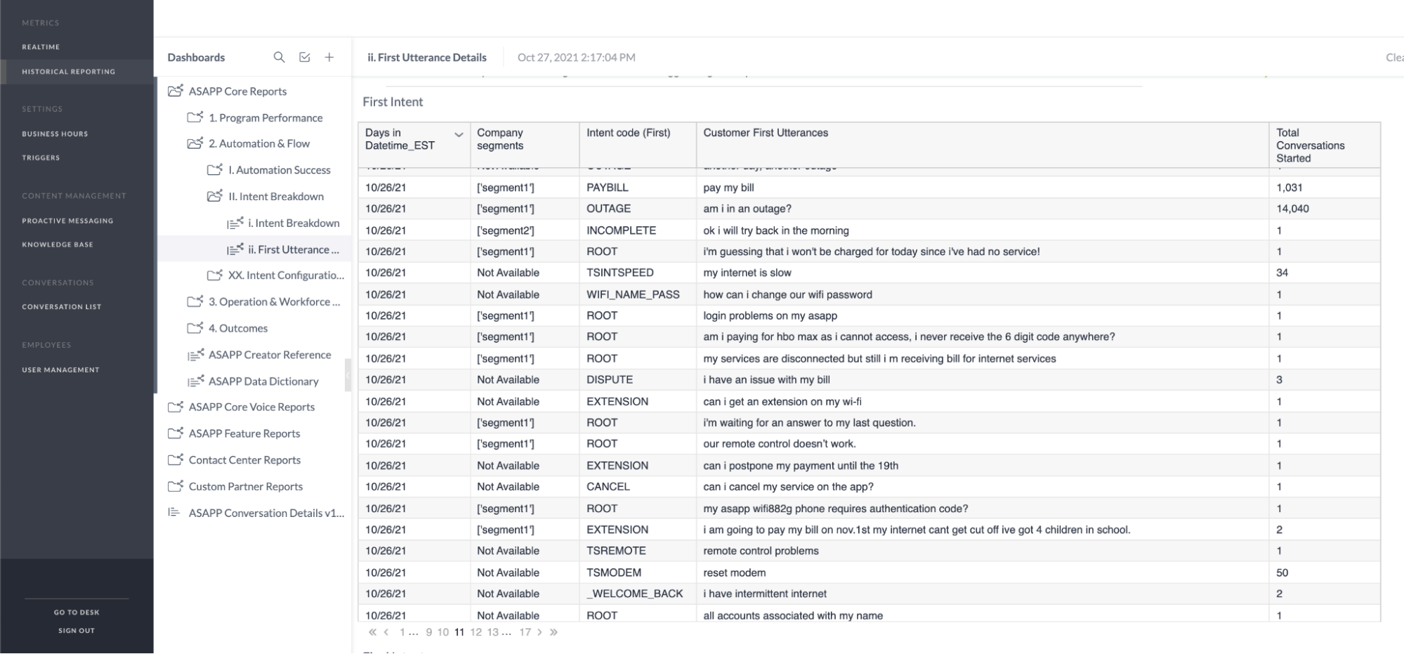 Screenshot of First Utterance table in ASAPP Historical Reporting