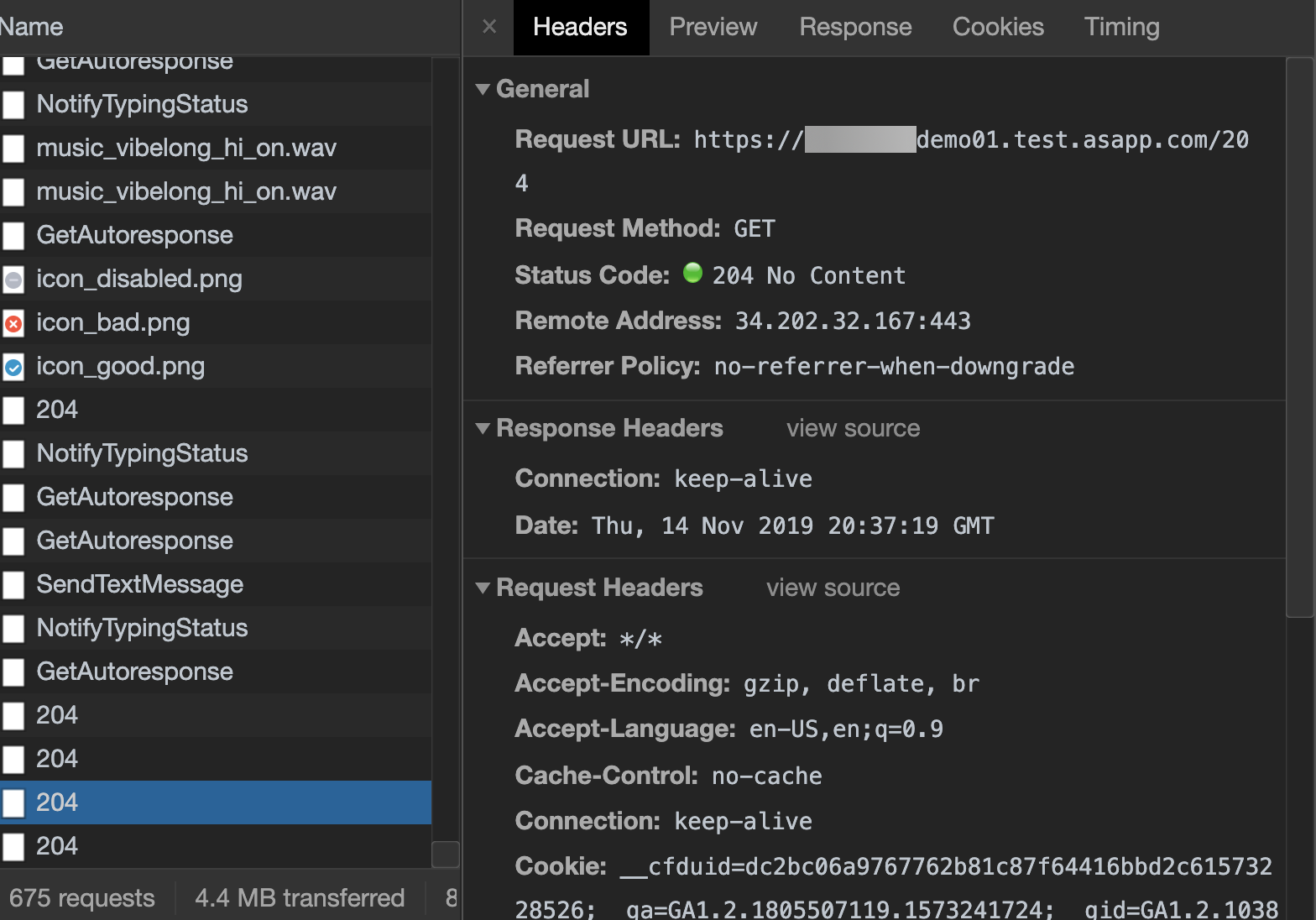 204 API calls in Chrome Developer Tools Network tab showing connectivity status
