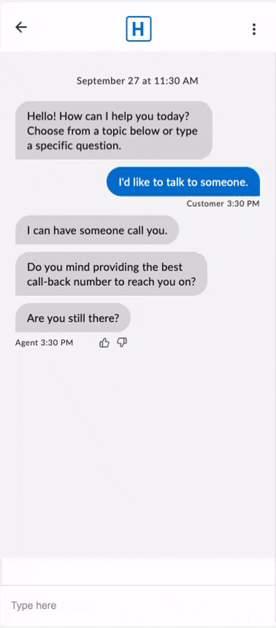 End-customer reacting to a GenerativeAgent response with thumbs up and thumbs down controls