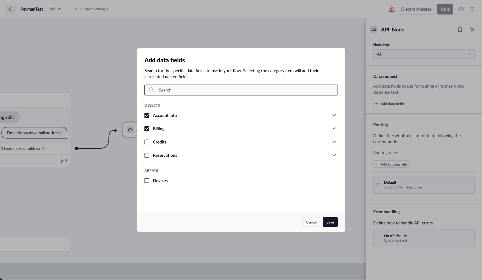Data fields selection showing searchable dropdown with available API objects