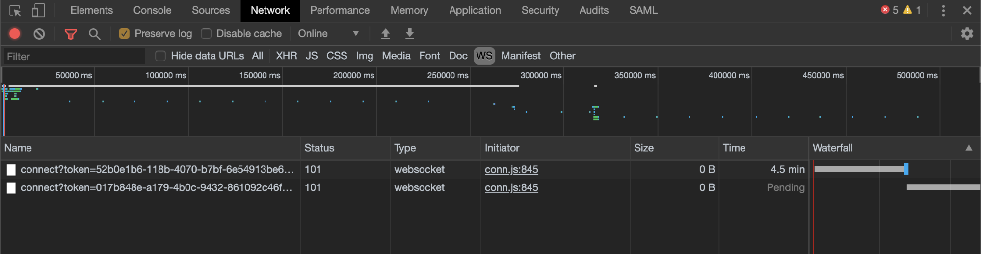Multiple WebSocket entries visible after network connectivity restoration