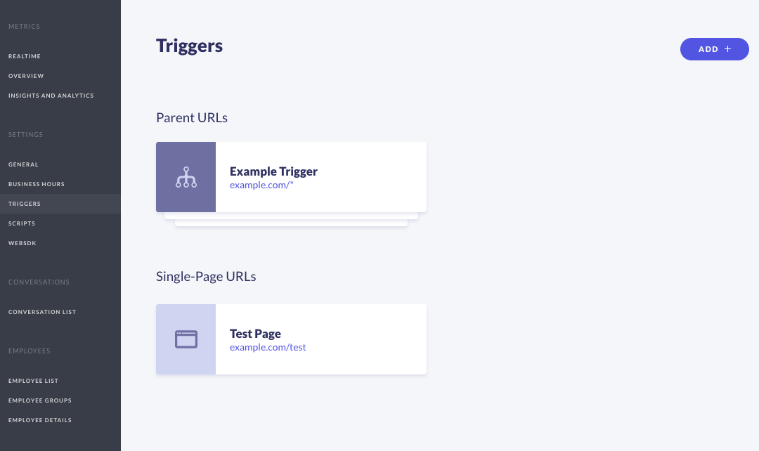 ASAPP Admin Triggers page showing Add button and URL Link field for creating new triggers